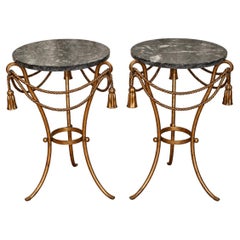 Pair of Mid-Century Italian Gilt Rope & Tassel Side Tables with Verde Marble Top
