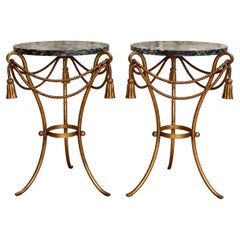 Pair of Mid-Century Italian Gilt Rope & Tassel Side Tables with Verde Marble Top