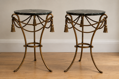 Pair of Mid-Century Italian Gilt Rope & Tassel Side Tables with Verde Marble Top