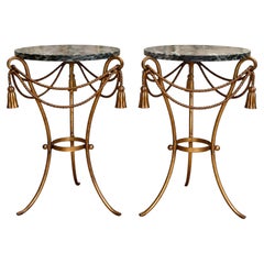 Pair of Mid-Century Italian Gilt Rope & Tassel Side Tables with Verde Marble Top