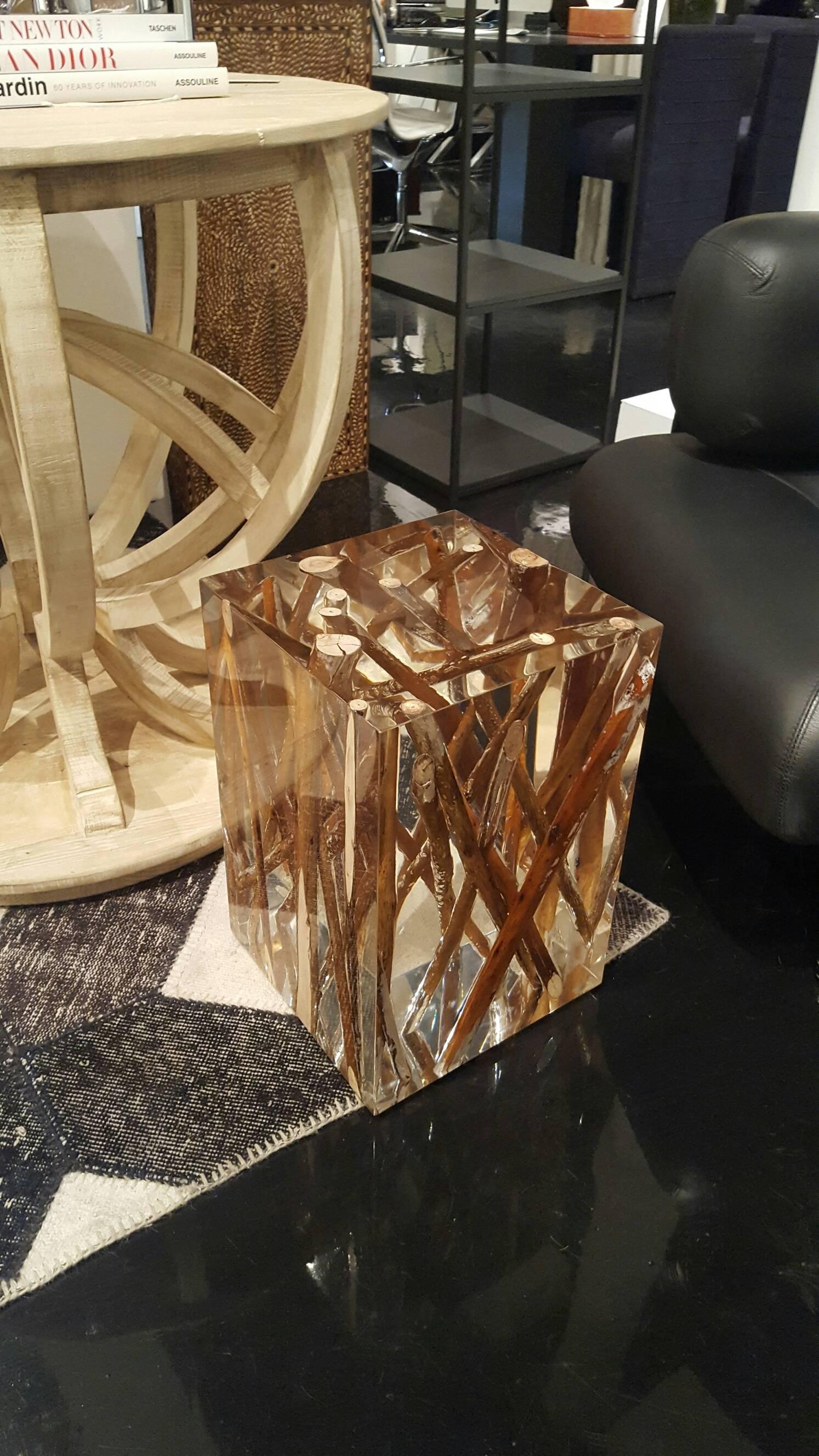 Gorgeous driftwood branches in acrylic side table.
