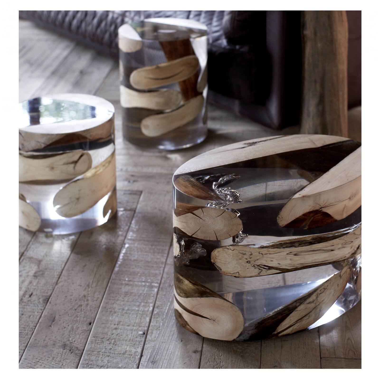 Gorgeous driftwood in acrylic round side table.