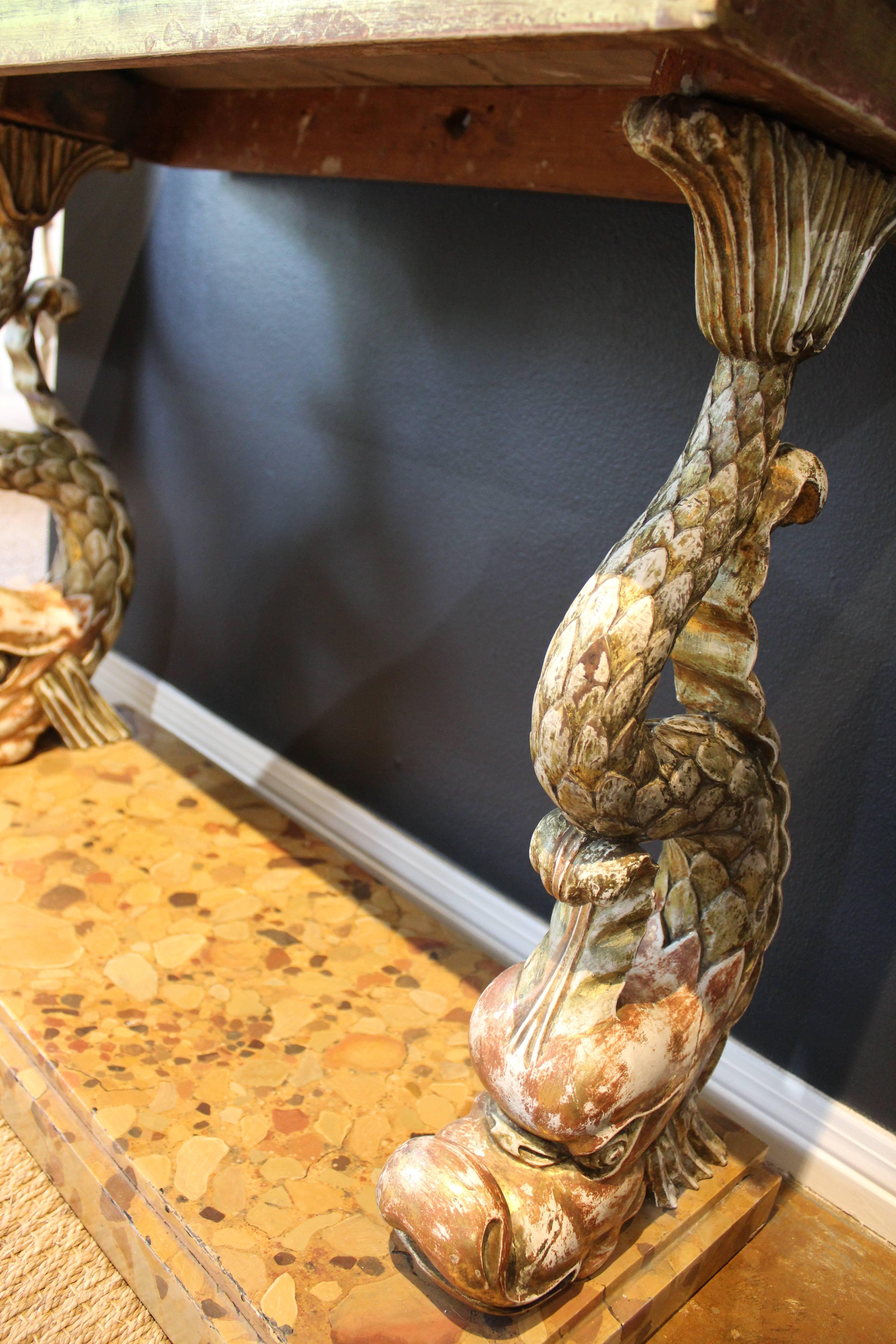 19th Century Pair of Dolphin Giltwood and Stone Consoles 3