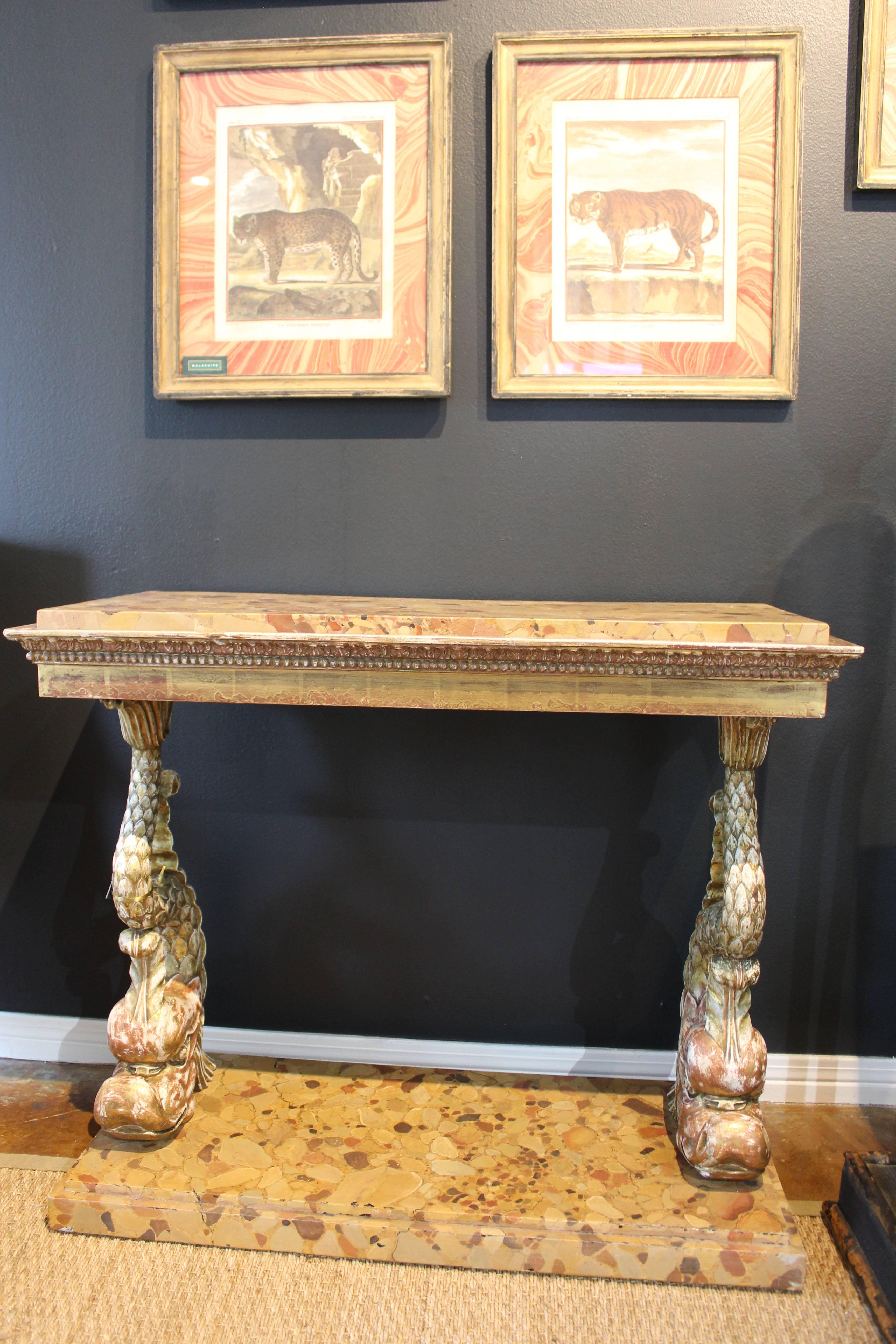 19th Century Pair of Dolphin Giltwood and Stone Consoles 2