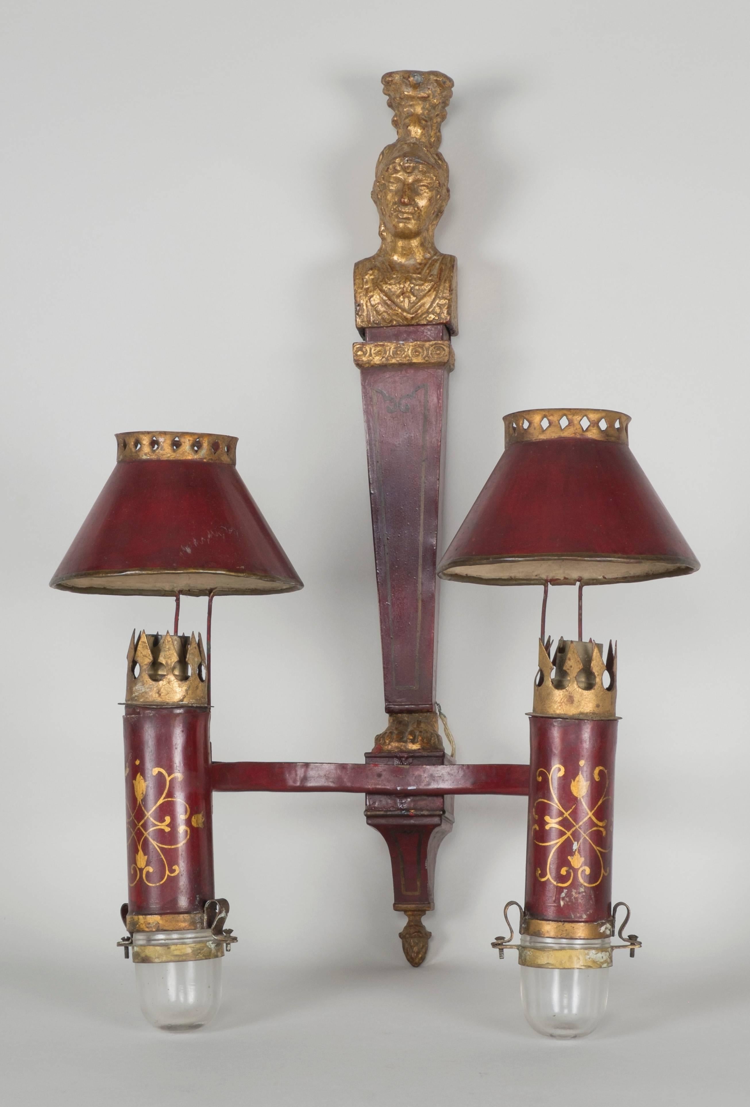 Empire Set of Three Red Sheet Metals Sconces For Sale