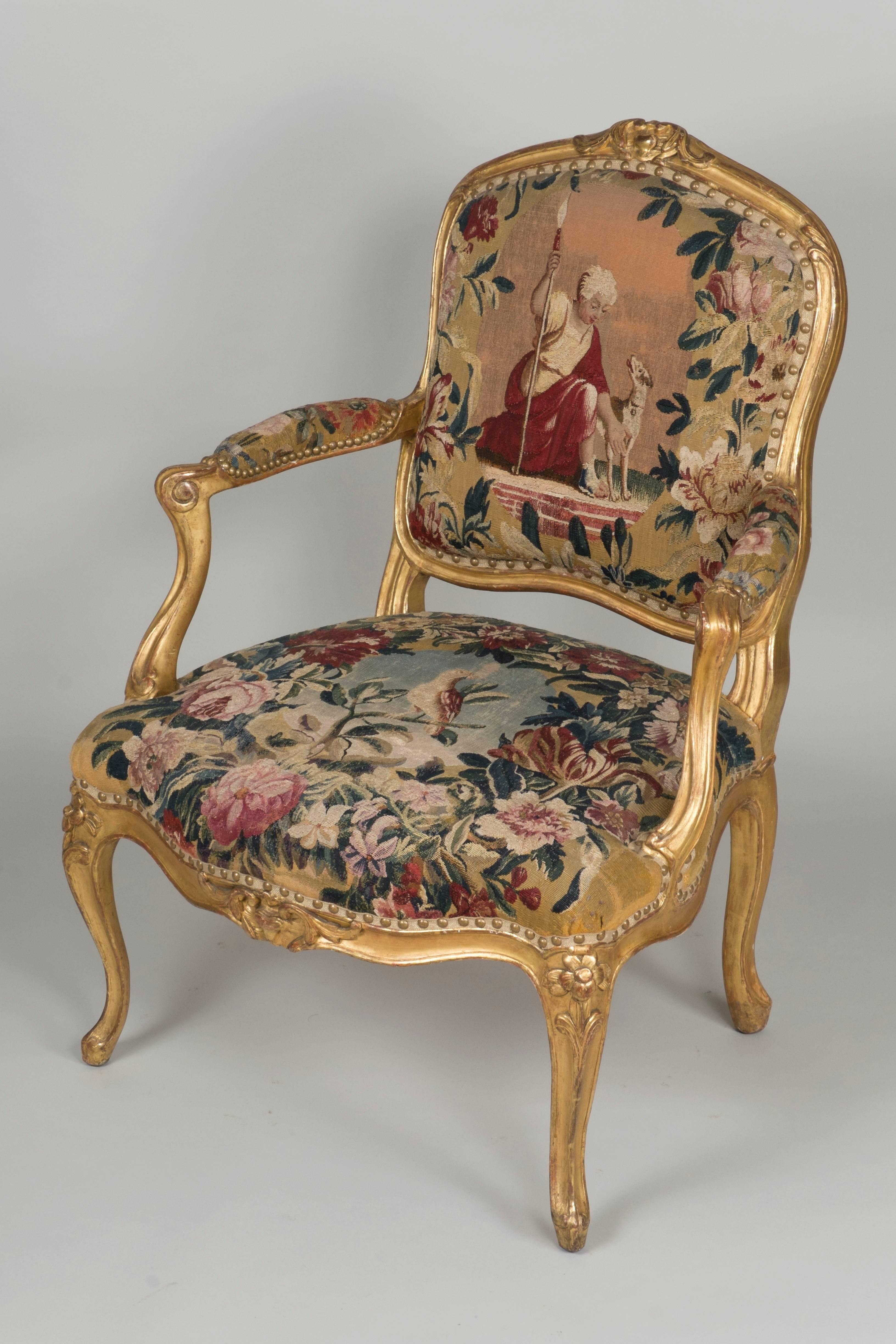 Set of six Louis XV wooden gilt and tapestry from Beauvais armchairs.

Work stamped by Claude Louis Mariette, "reçu Maître" on the 18th of November, 1765.

Dimensions:

92 cm H x 63 cm L x 56 cm D.