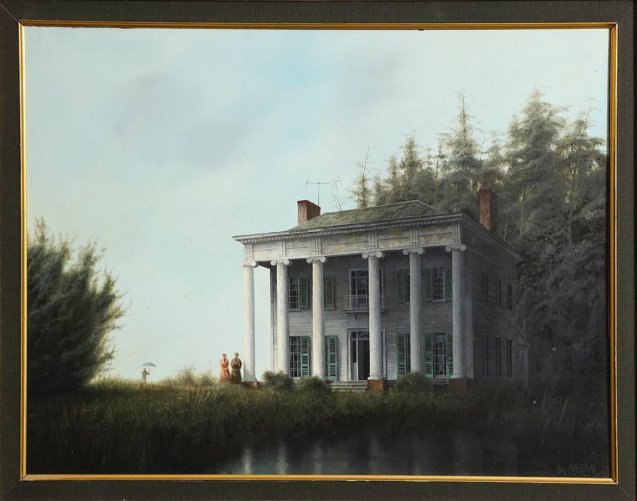 Oil on board painting of Greek revival plantation house "Three Sisters" by Felix Kelly (New Zealand, 1914-1994) signed and dated 1976. In original giltwood frame. Dimensions unframed: 16.5" x 21.75".

Provenance: From the Jane