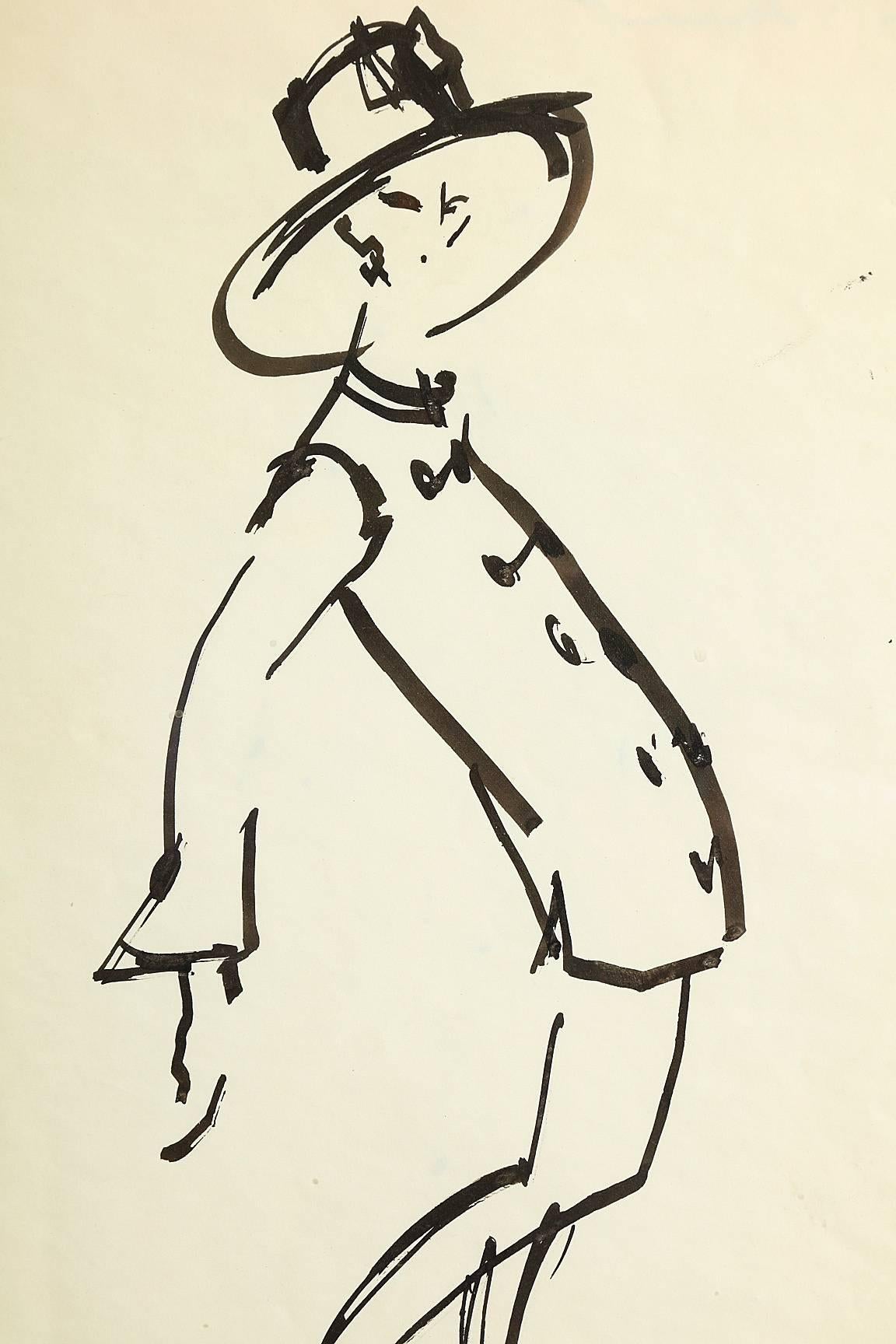 Graphic fashion illustration of a design from Yves Saint Laurent's first collection under his own name in 1962 by Joe Eula. Eula, who later was Halston's creative director, began his career illustrating the collections for such fashion journalists