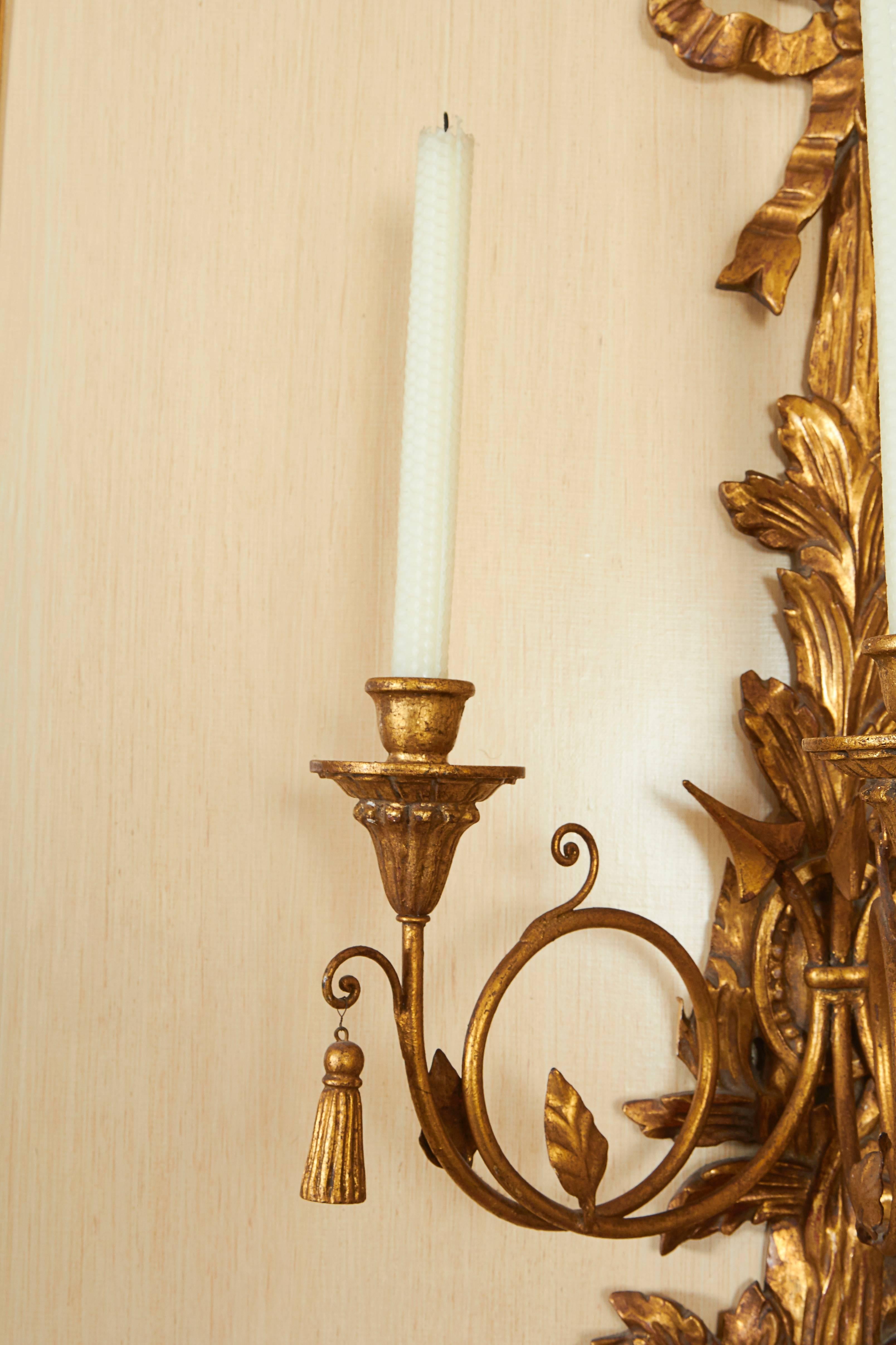 Pair of Louis XVI Style Giltwood Three-Light Wall Appliques In Excellent Condition In New York, NY