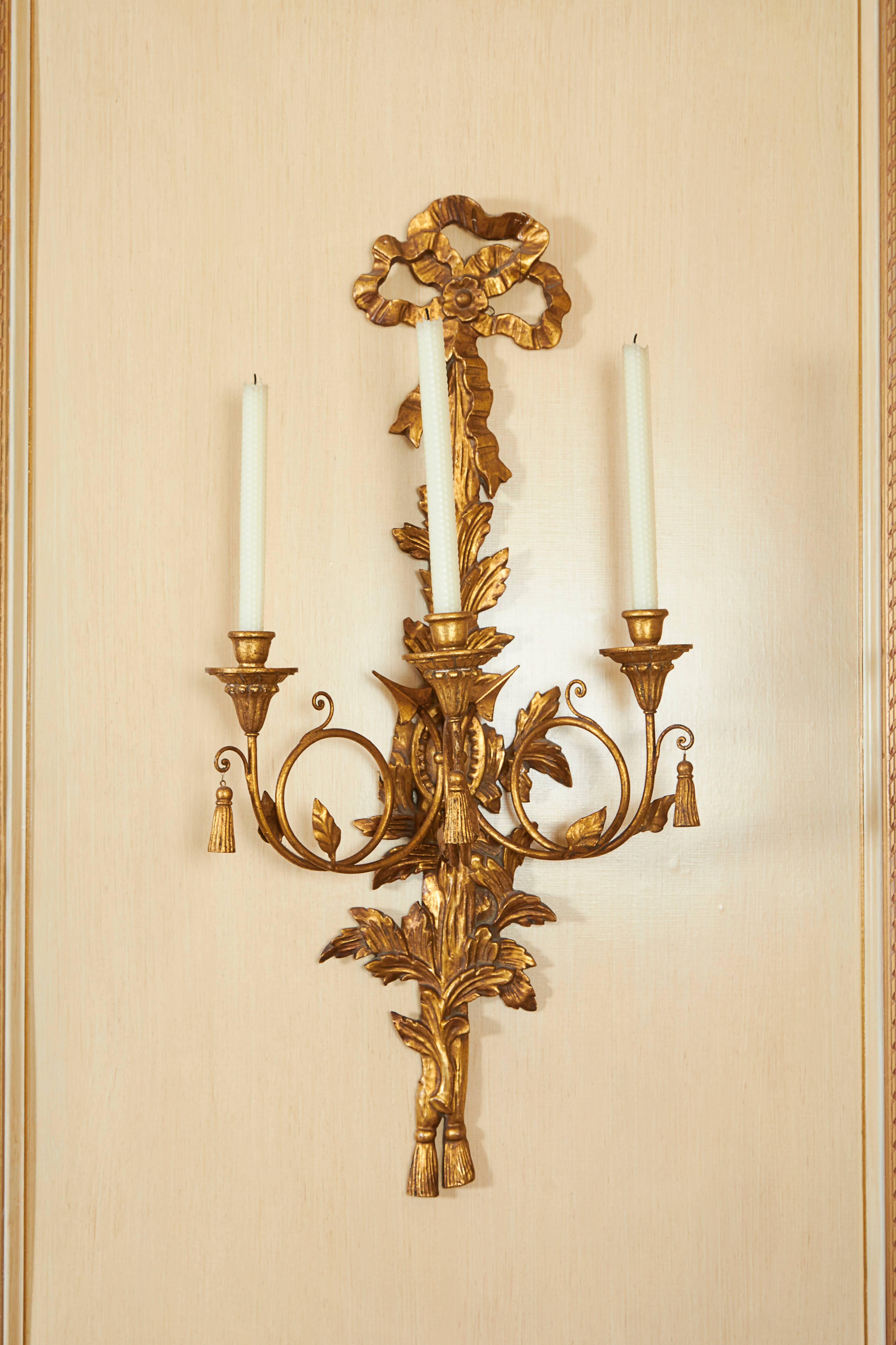 19th Century Pair of Louis XVI Style Giltwood Three-Light Wall Appliques