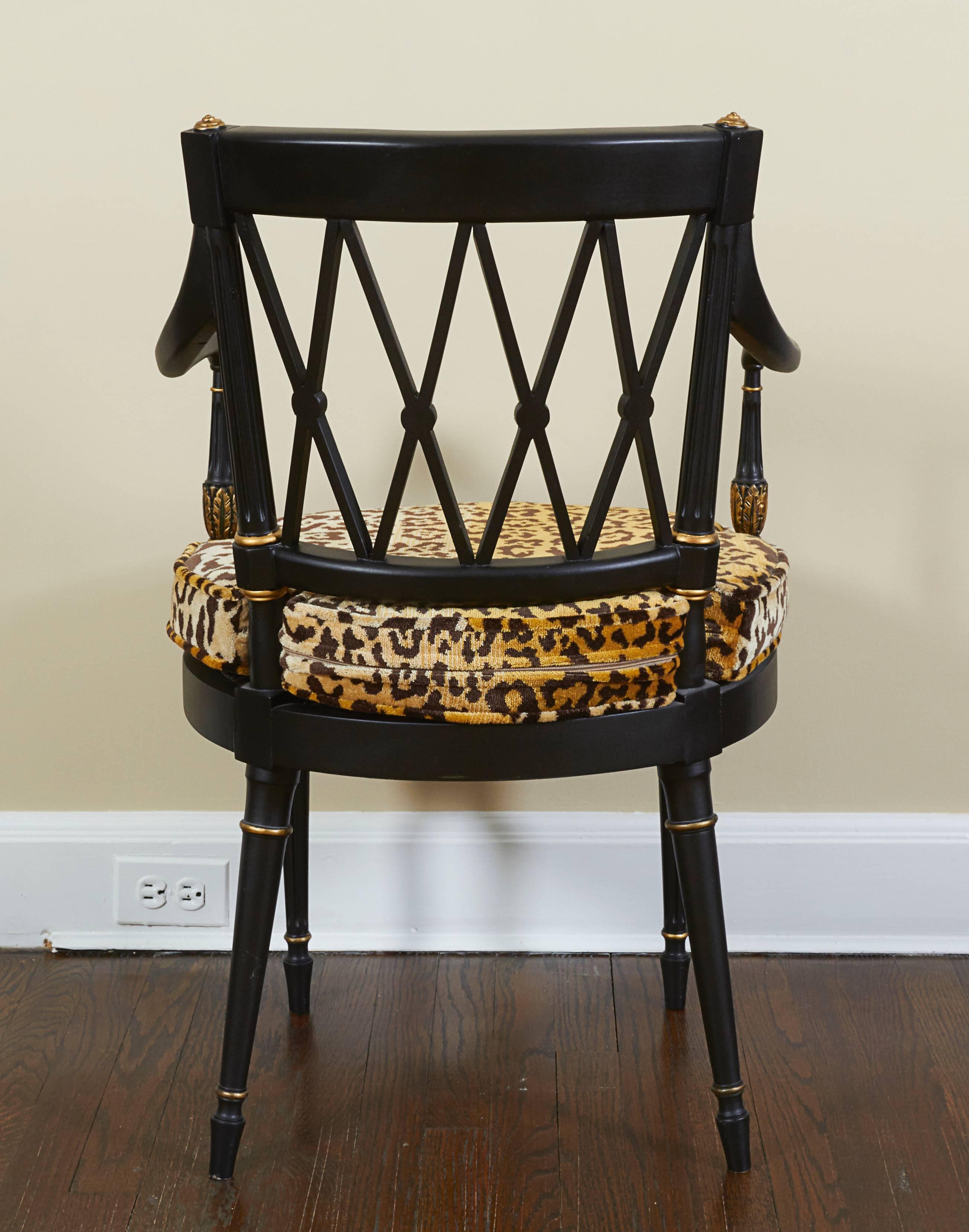 Pair of Directoire Style Black and Gilt Armchairs In Excellent Condition In New York, NY