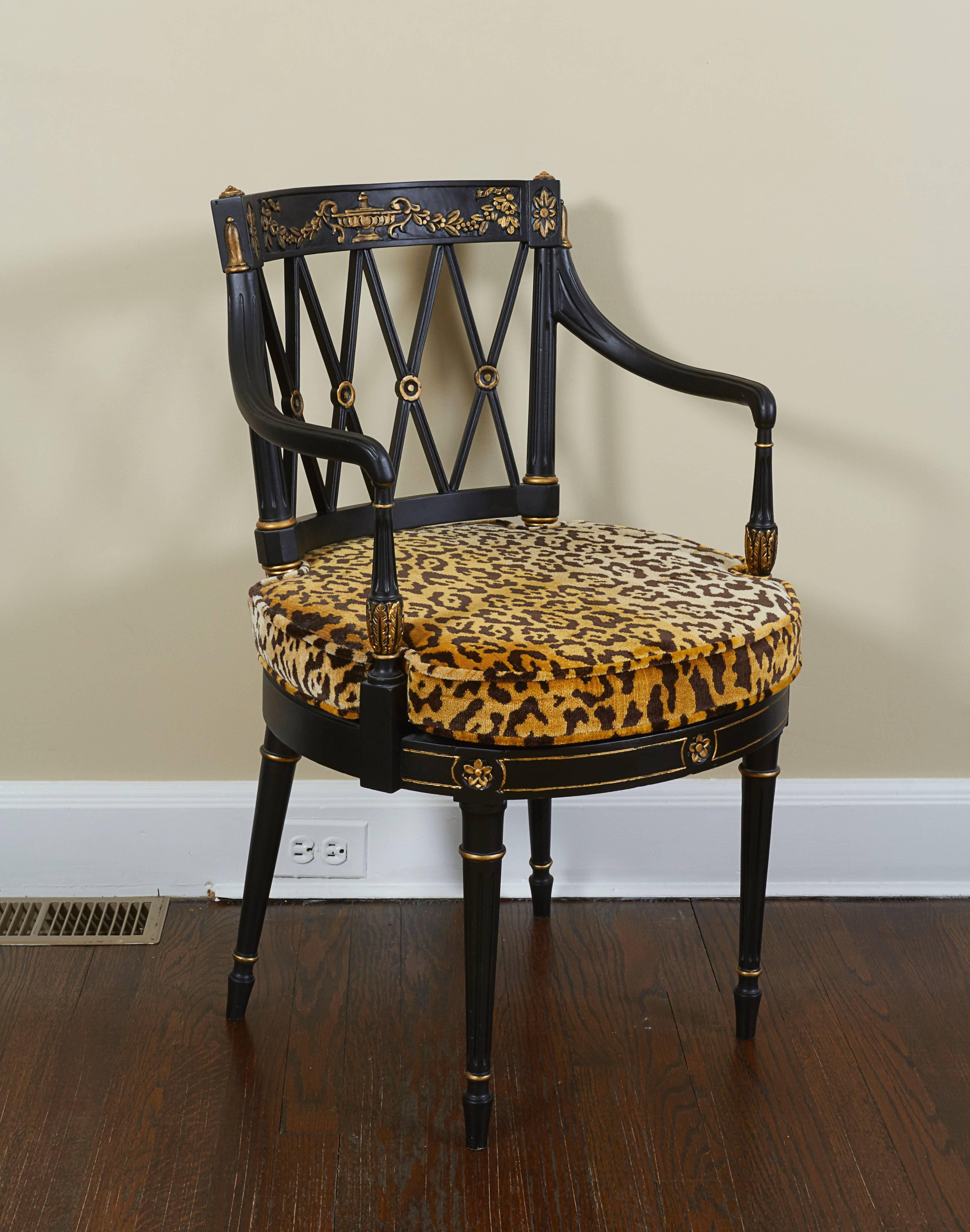 Ebonized Pair of Directoire Style Black and Gilt Armchairs