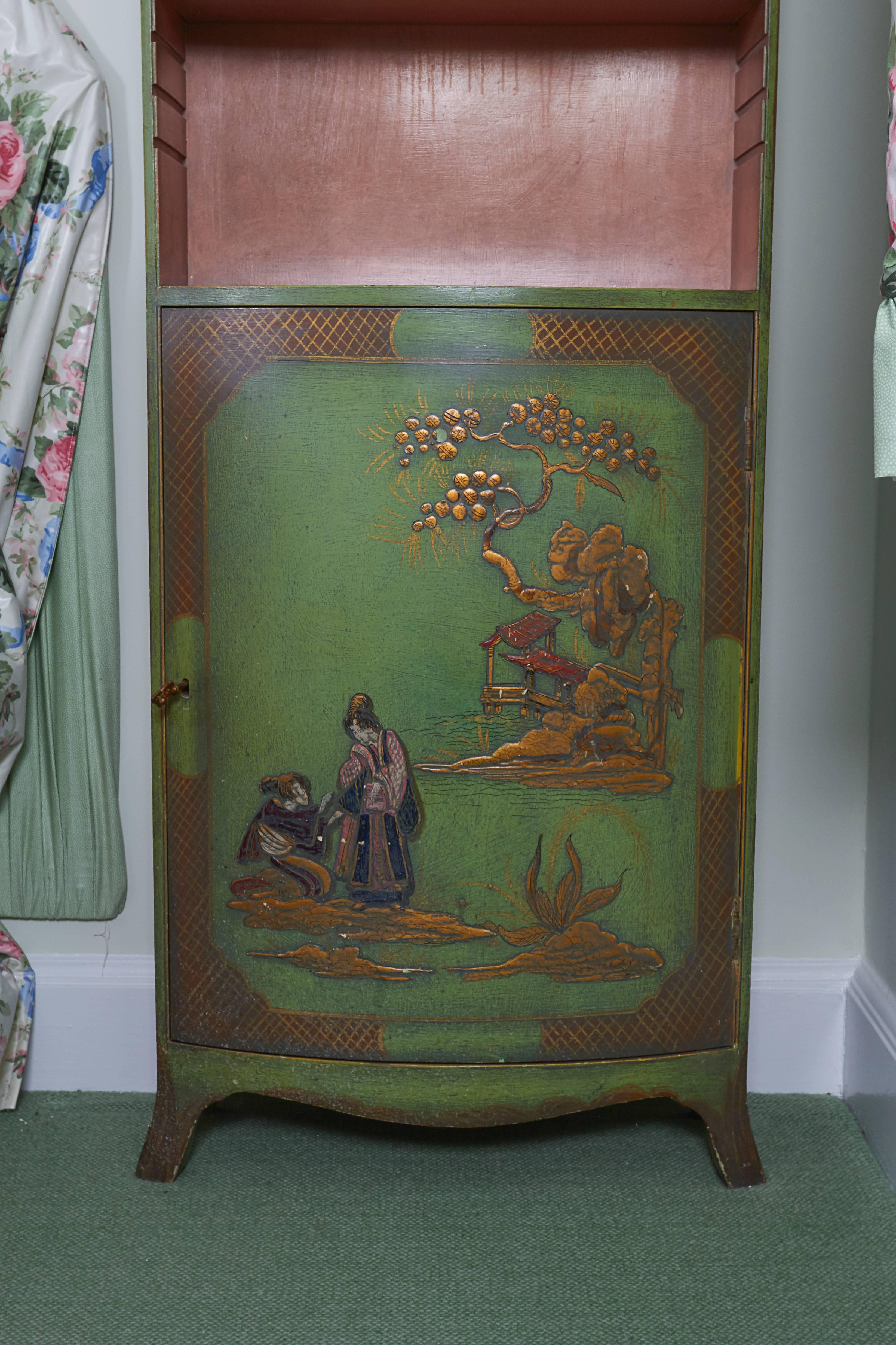 20th Century Pair of Green Chinoiserie Bowfront Bookcases