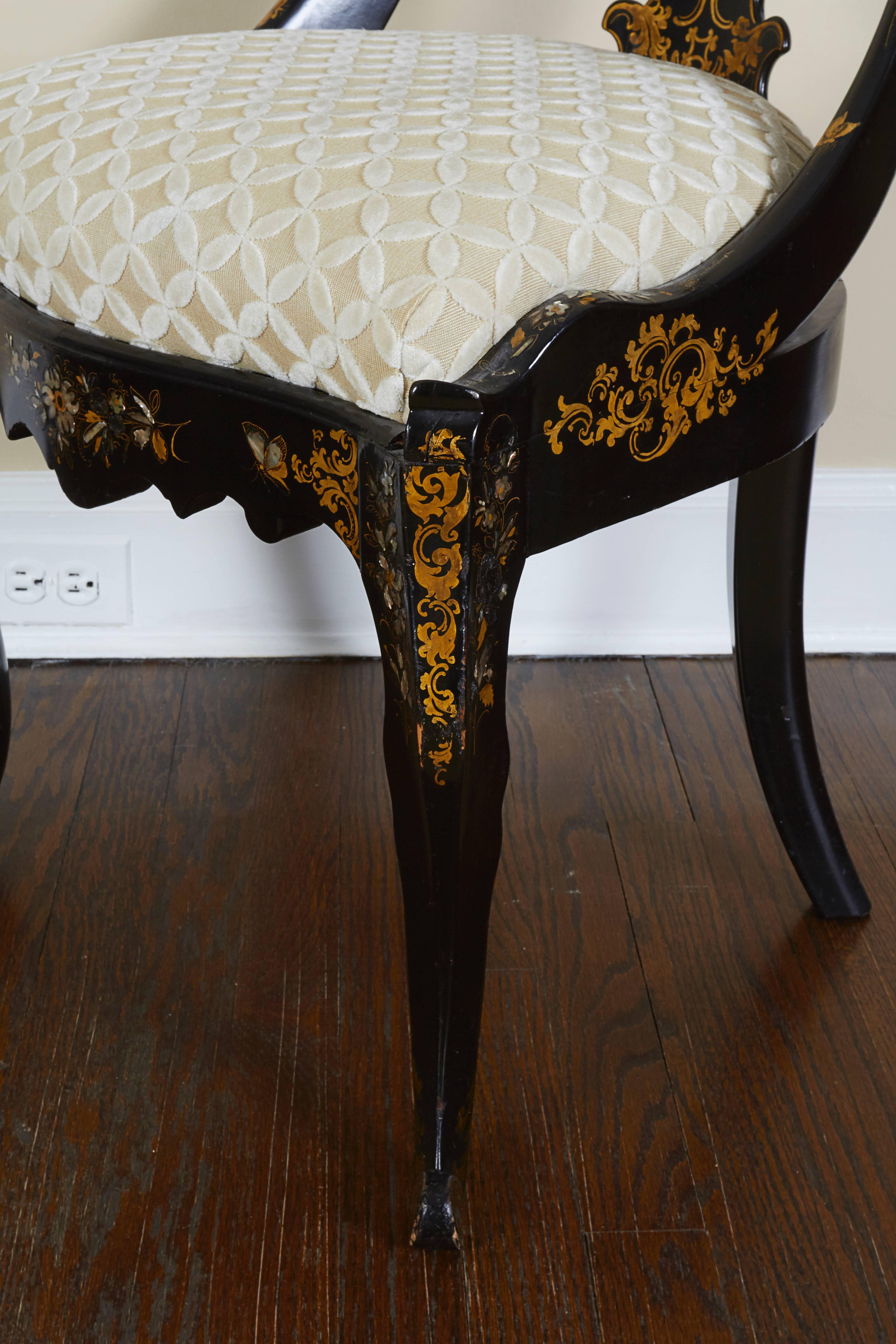 Mid-19th Century 19th Century Black Lacquer Papier Mache Chair with Mother-of-pearl Inlay