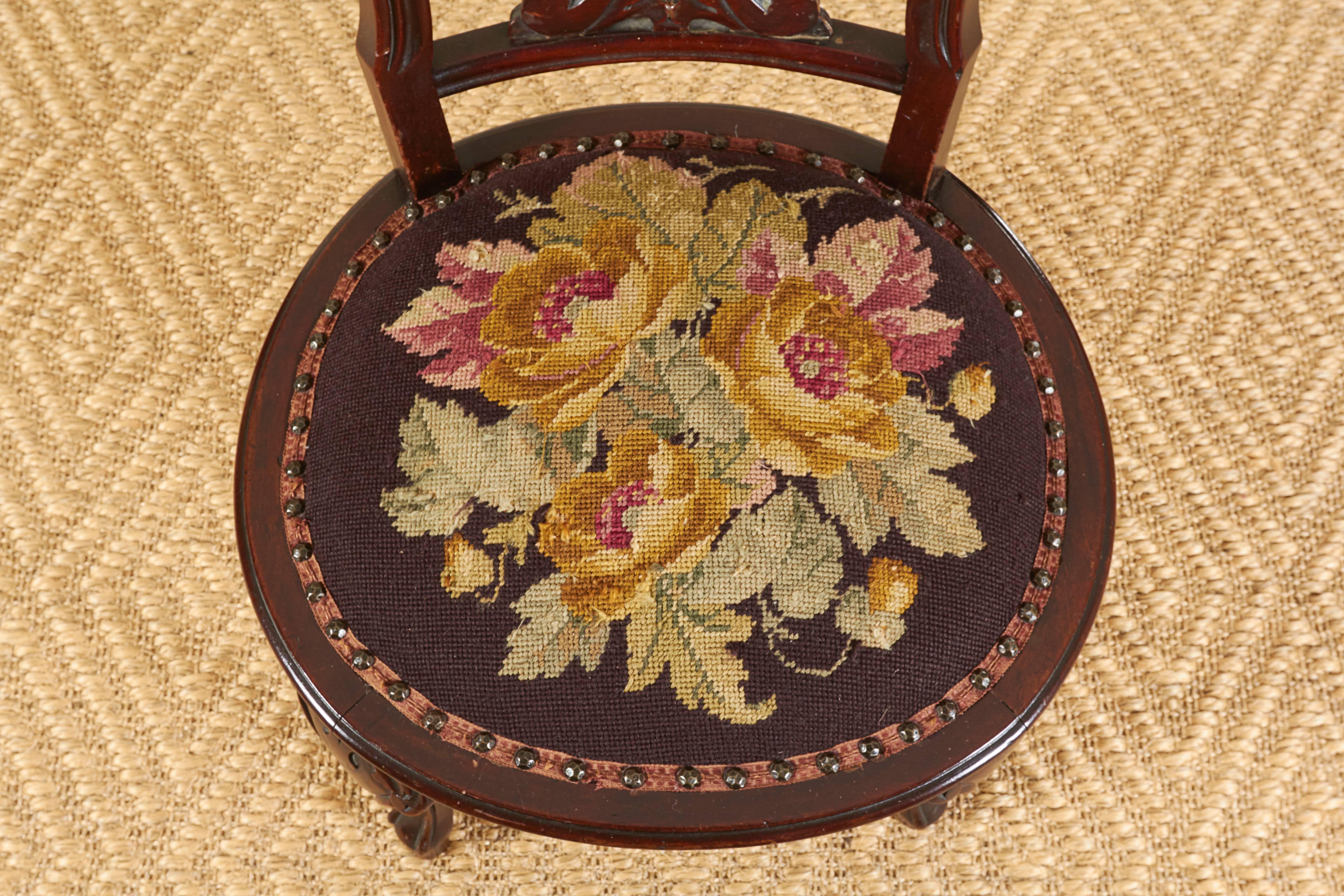 Rococo Revival Victorian Mahogany Slipper Chair with Needlepoint Seat