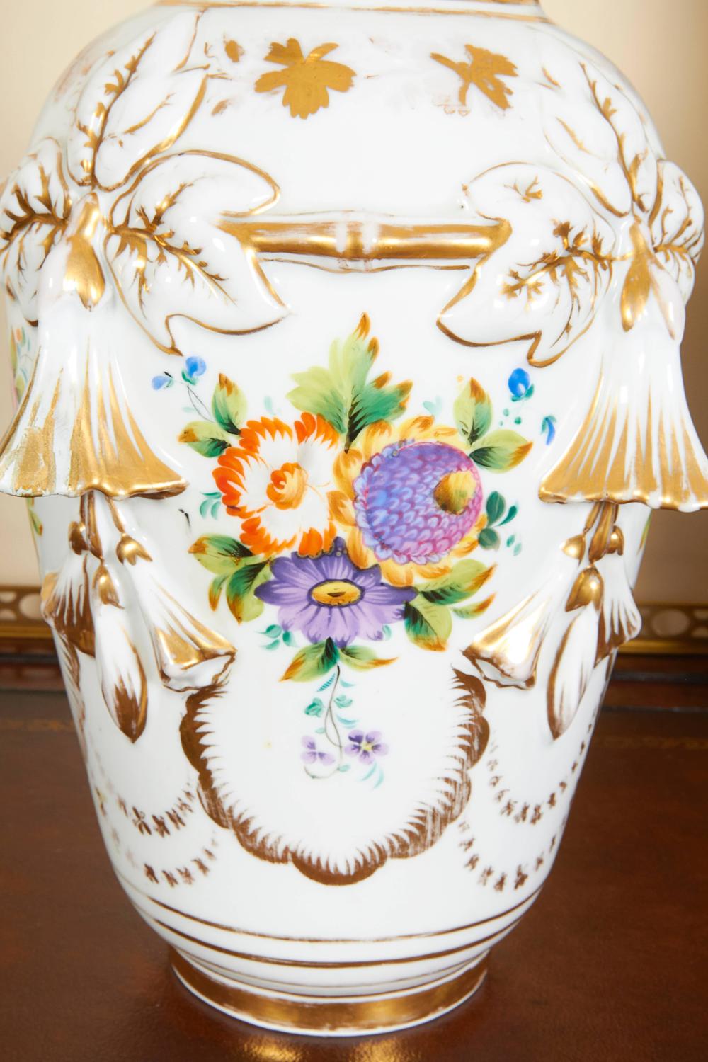 Pair of Old Paris Porcelain Vase with Floral and Gilt Decoration For