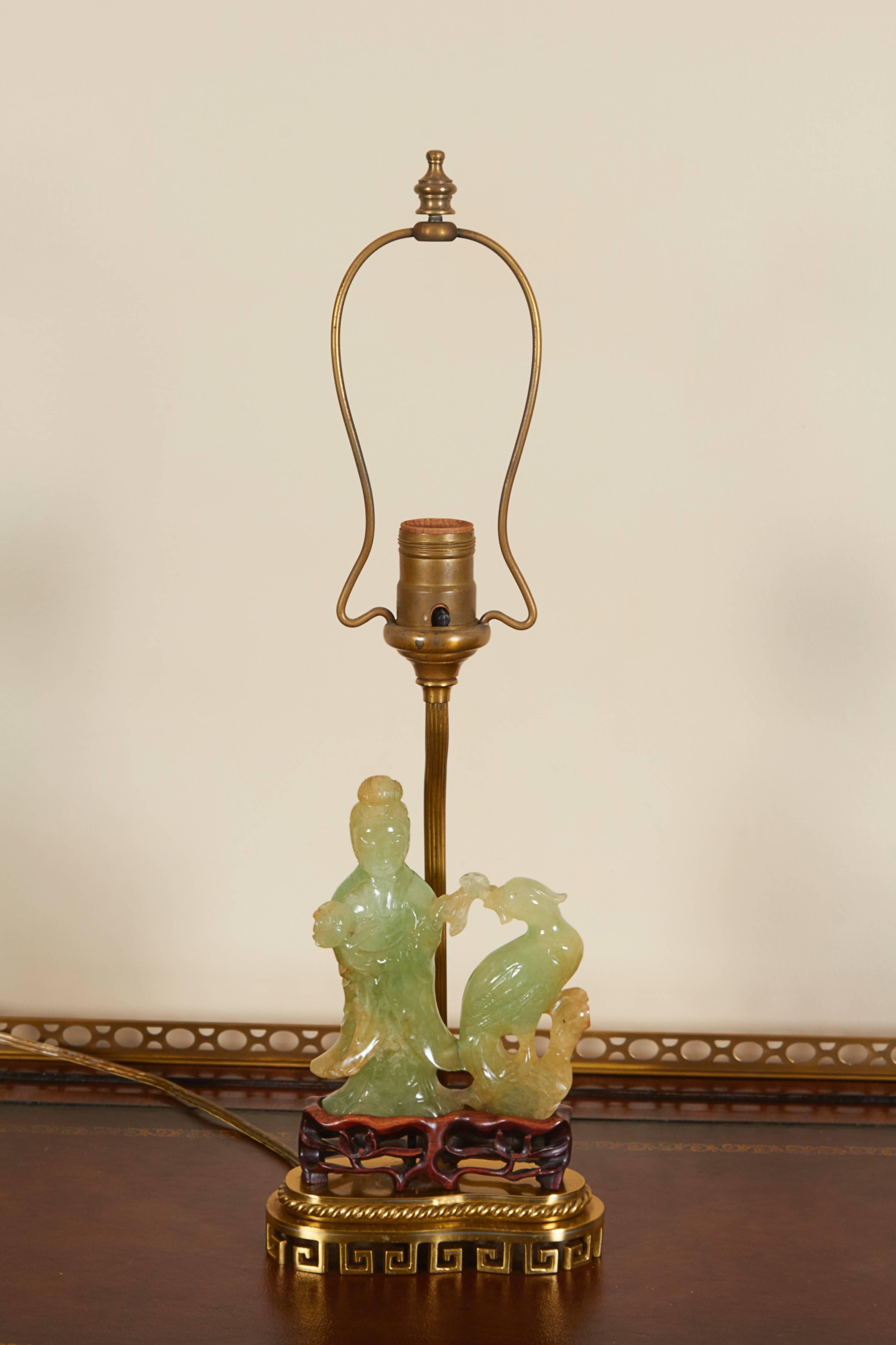 Chinese Export Brass Lamp with Chinese Carved Jade Figural Group