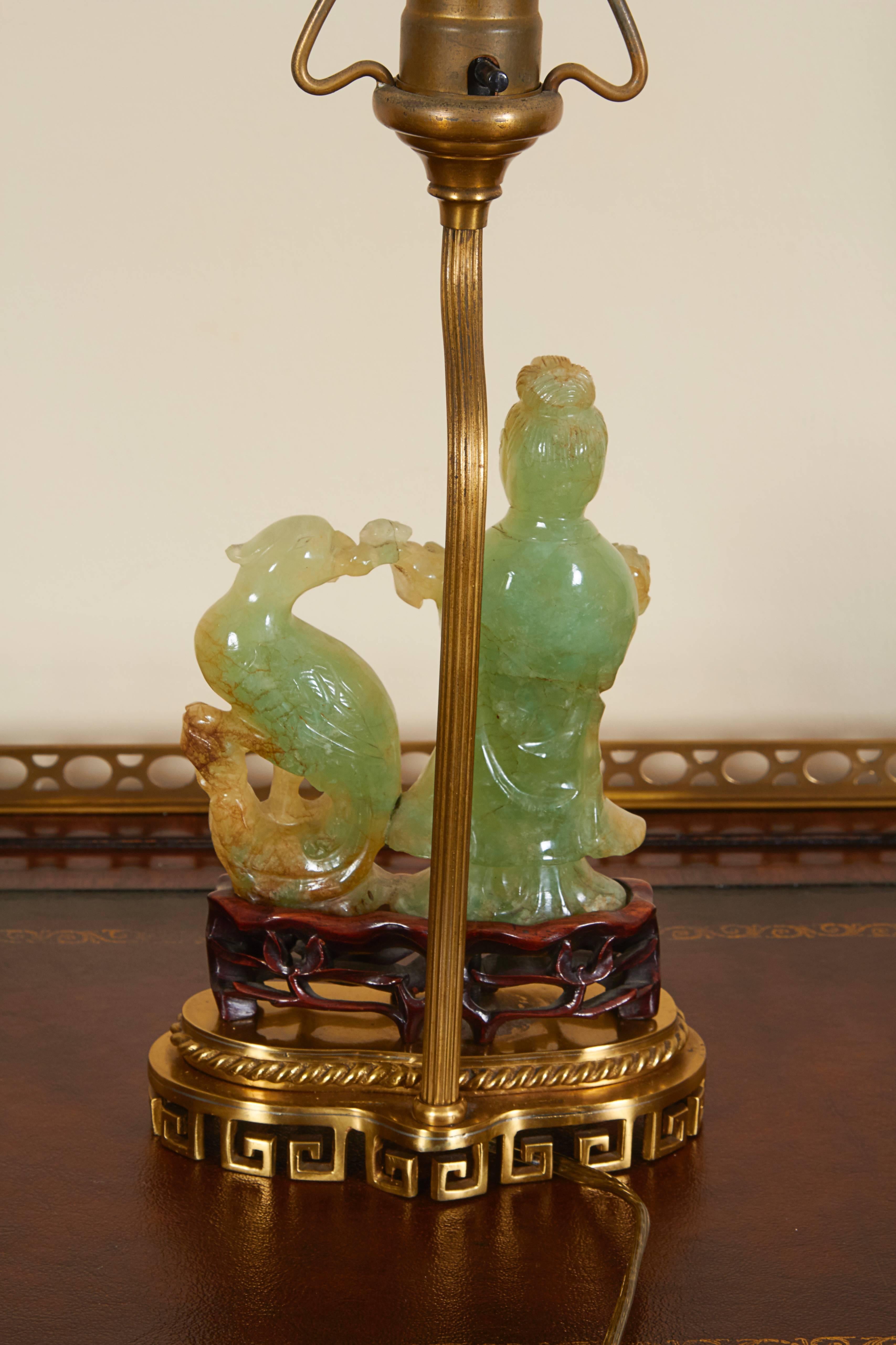 Brass Lamp with Chinese Carved Jade Figural Group In Excellent Condition In New York, NY