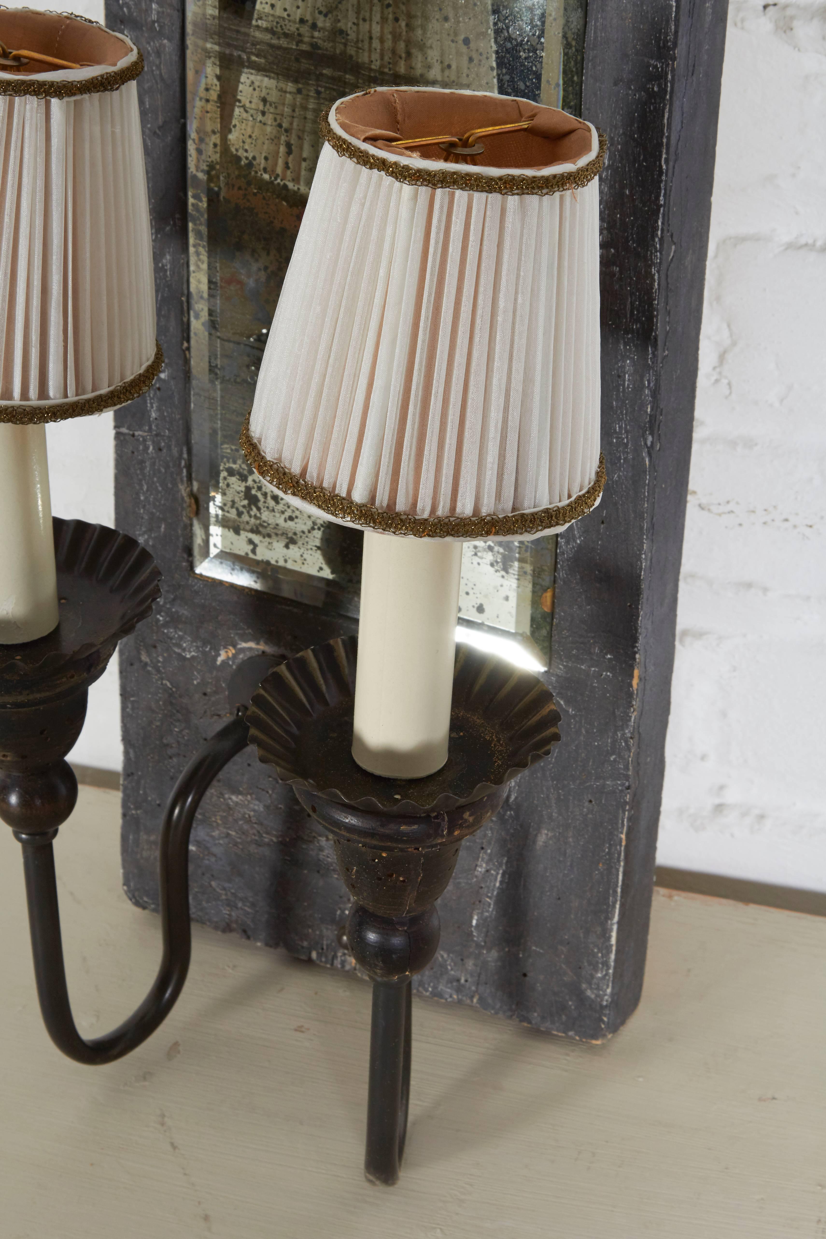 Country Pair of Mirror-Backed Antiqued Wood Sconces