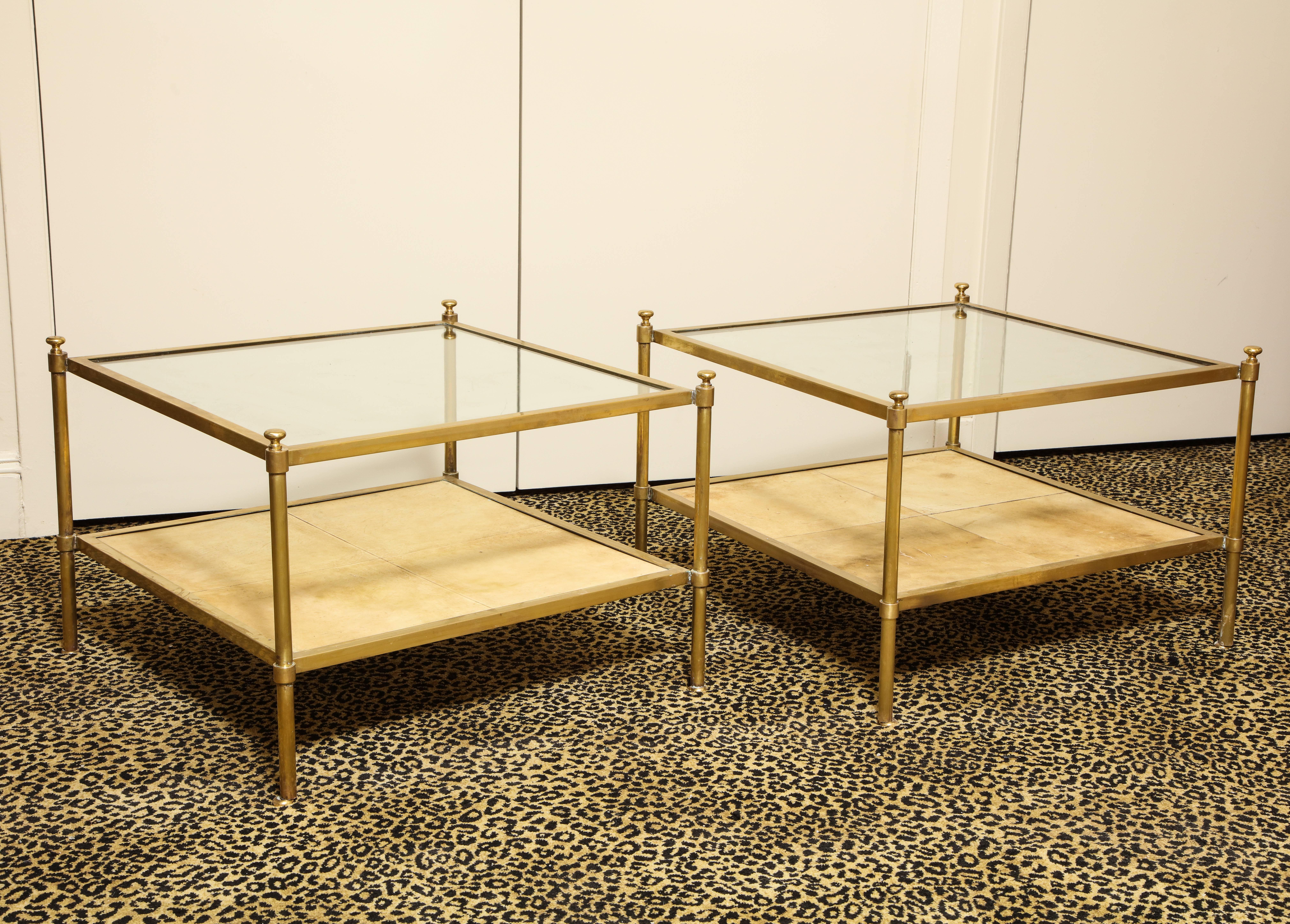 Pair of Brass and Goatskin Square Two-Tier Low Tables 4