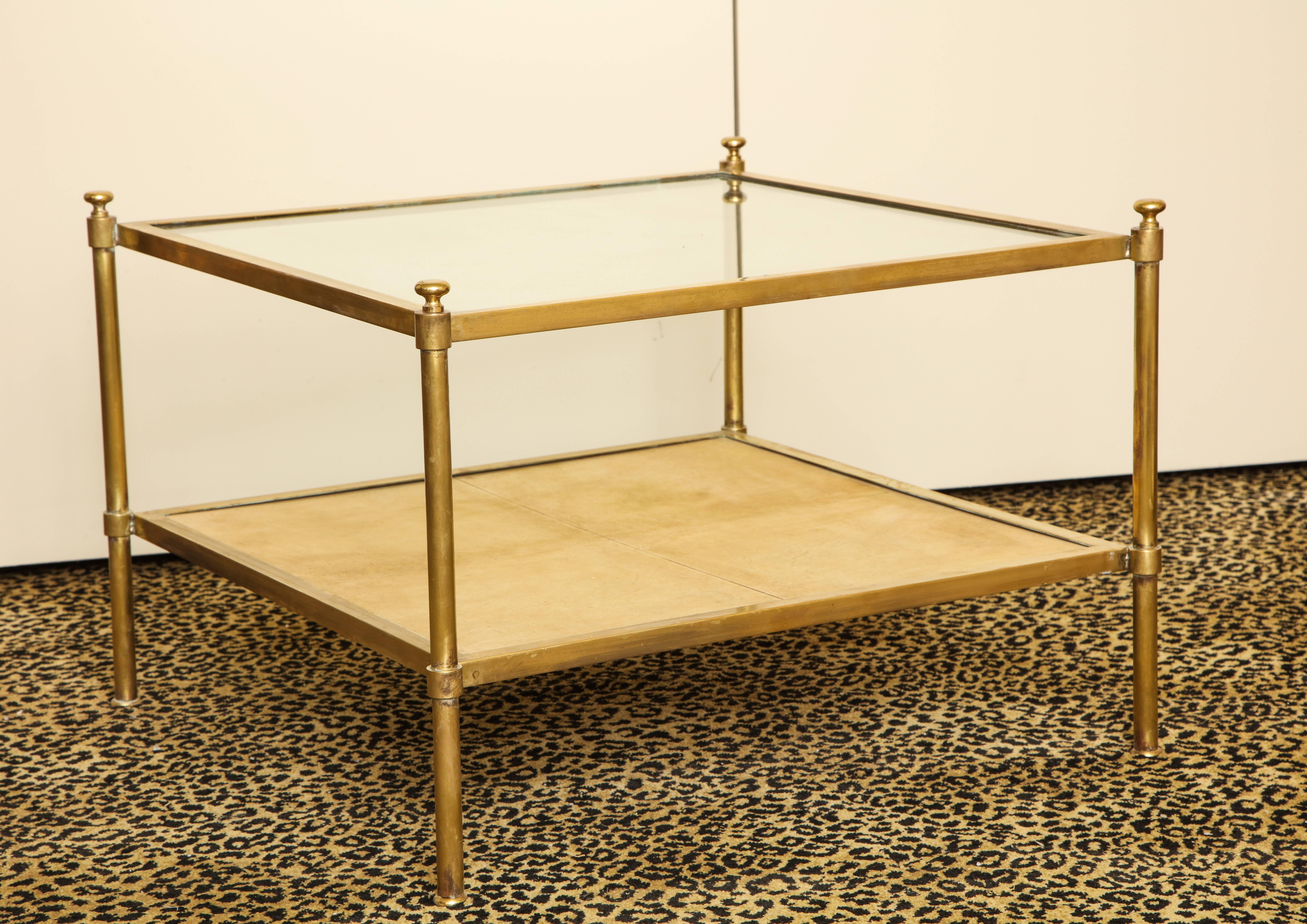 Pair of Brass and Goatskin Square Two-Tier Low Tables In Good Condition In New York, NY