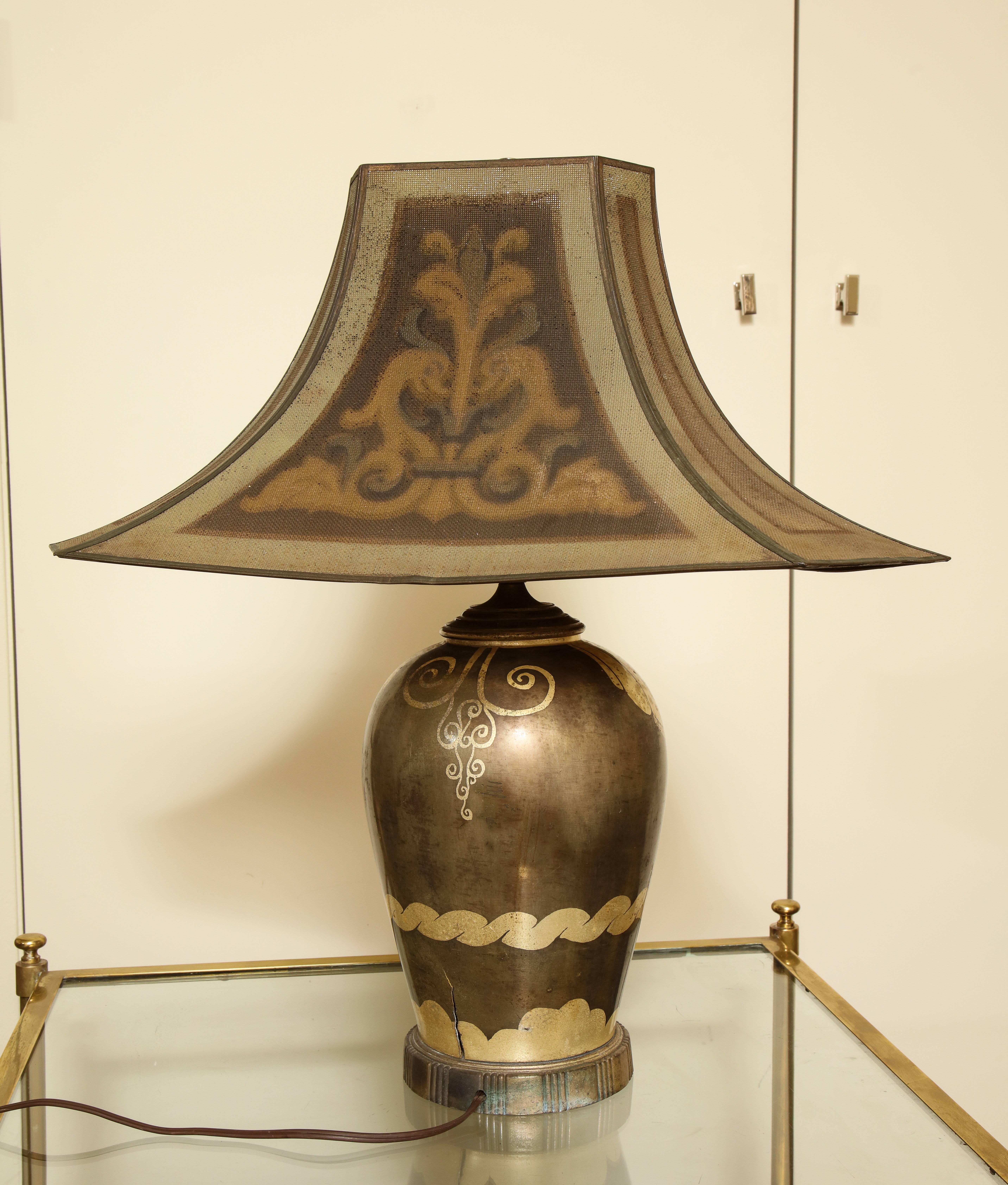 Metal French Art Deco Dinanderie Table Lamp