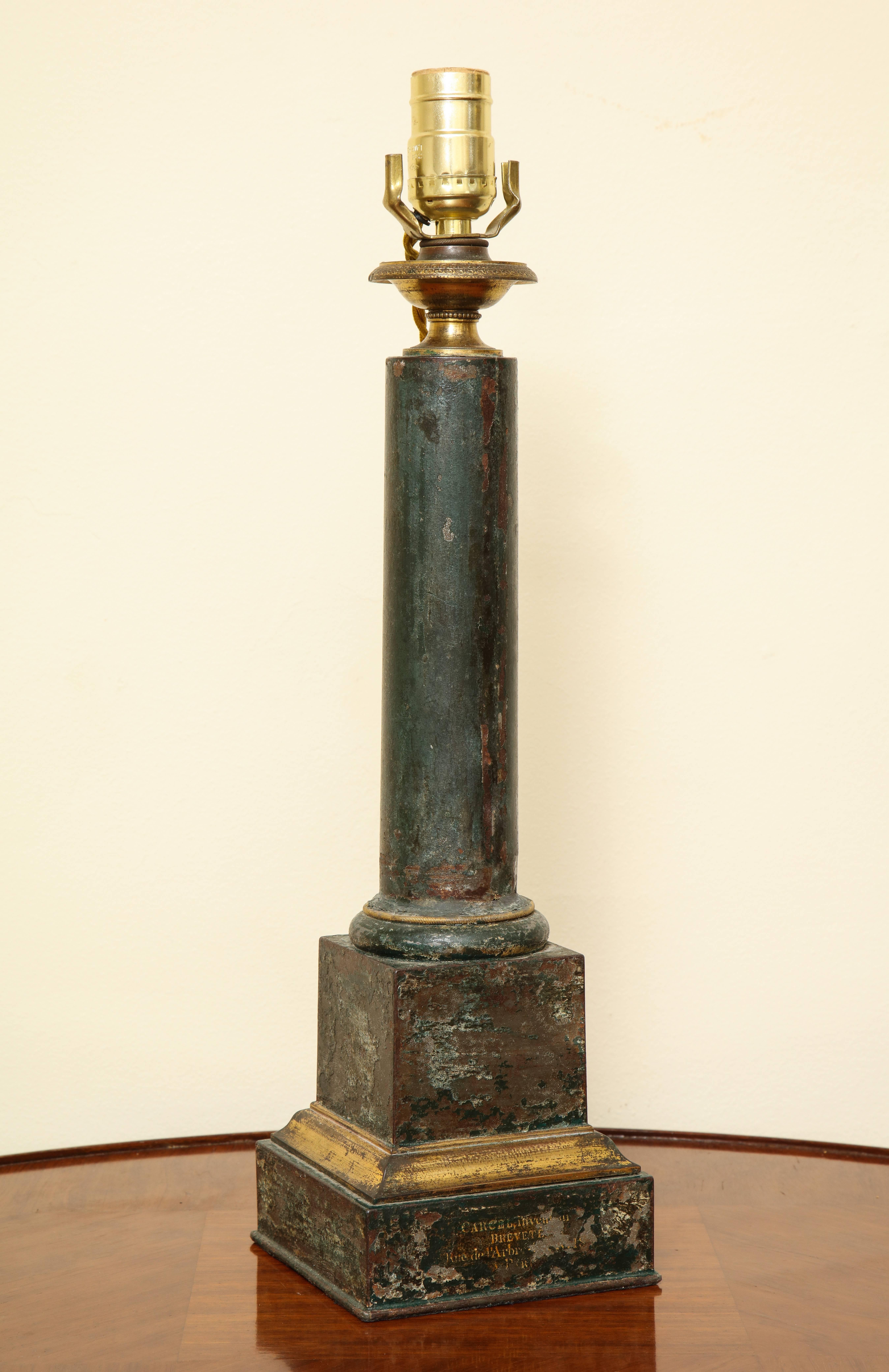 French 19th Century Dark Green Tole and Gilt Columnar Carcel Lamp