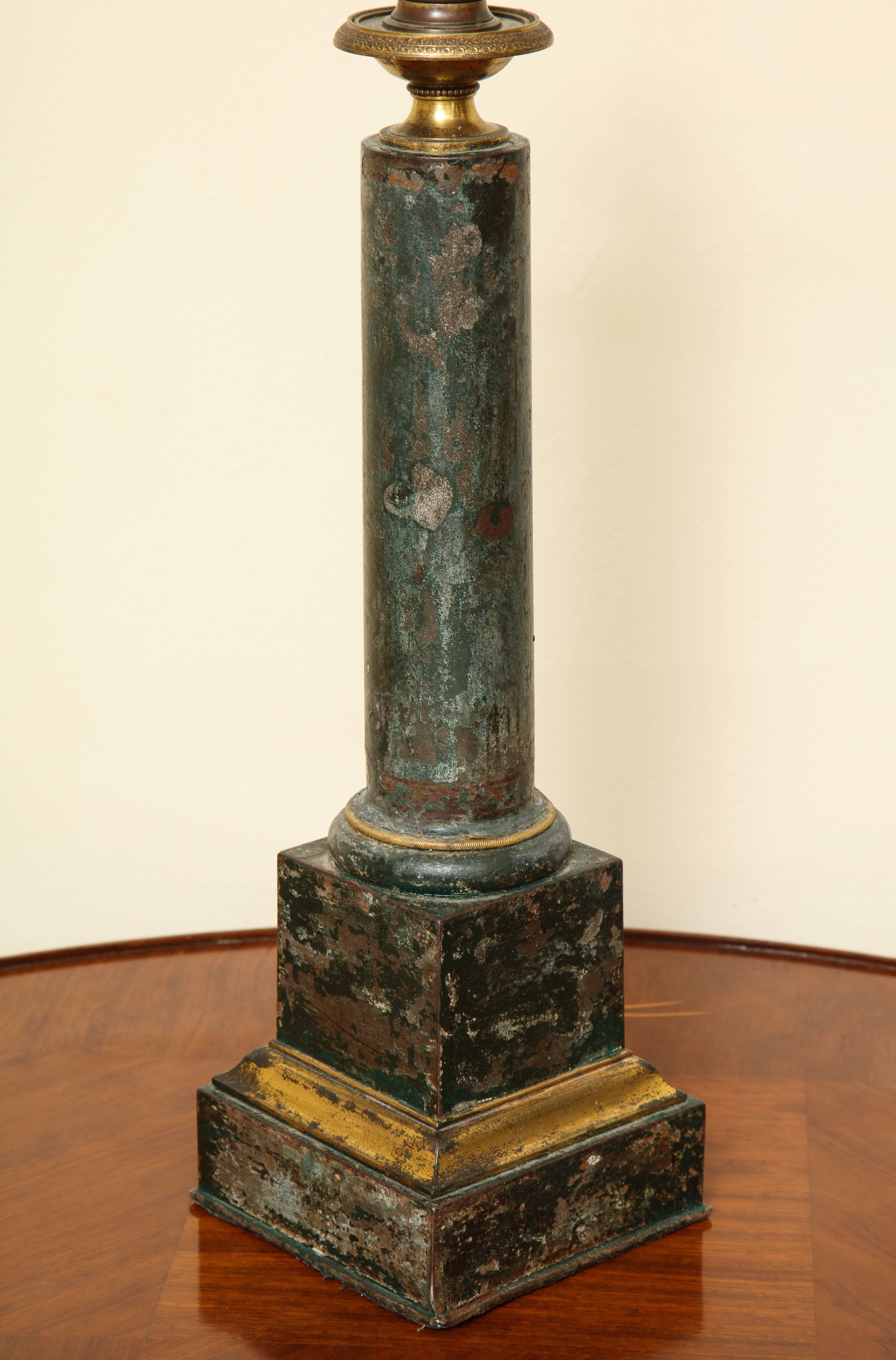 19th Century Dark Green Tole and Gilt Columnar Carcel Lamp 3