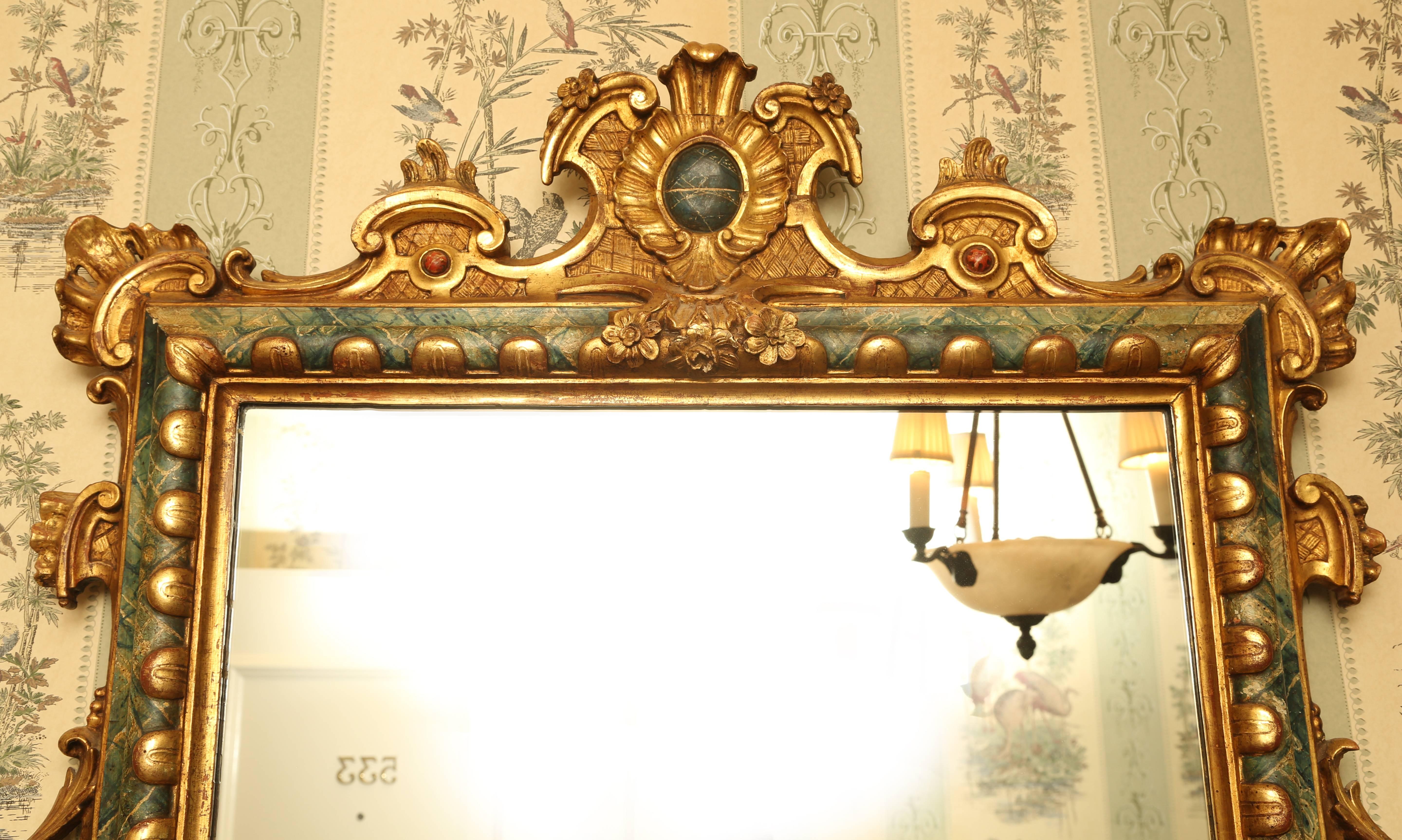Baroque 18th Century Italian Giltwood and Polychrome Mirror