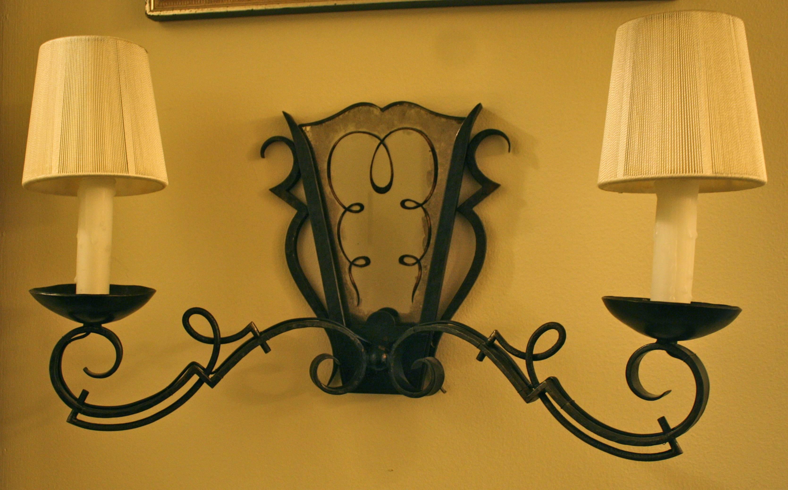 Verre Églomisé Pair of 1940s French Wrought Iron Wall Lights Attributed to Gilbert Poillerat