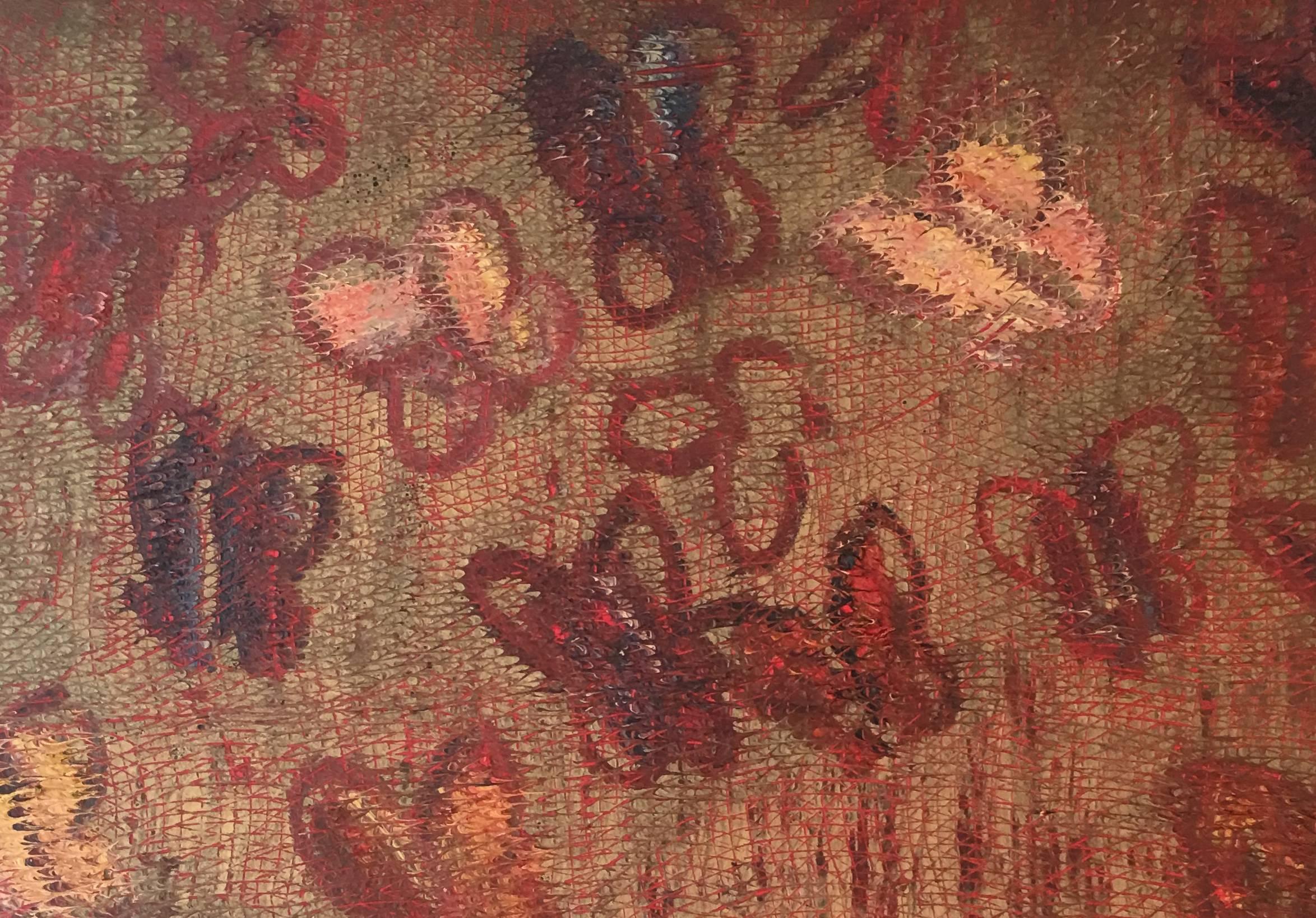 Glorious large-scale painting of butterflies in gold and red by American artist Hunt Slonem. The ground features the expressionist hatch work that is a Slonem signature. Signed, titled and dated 2001 on reverse.