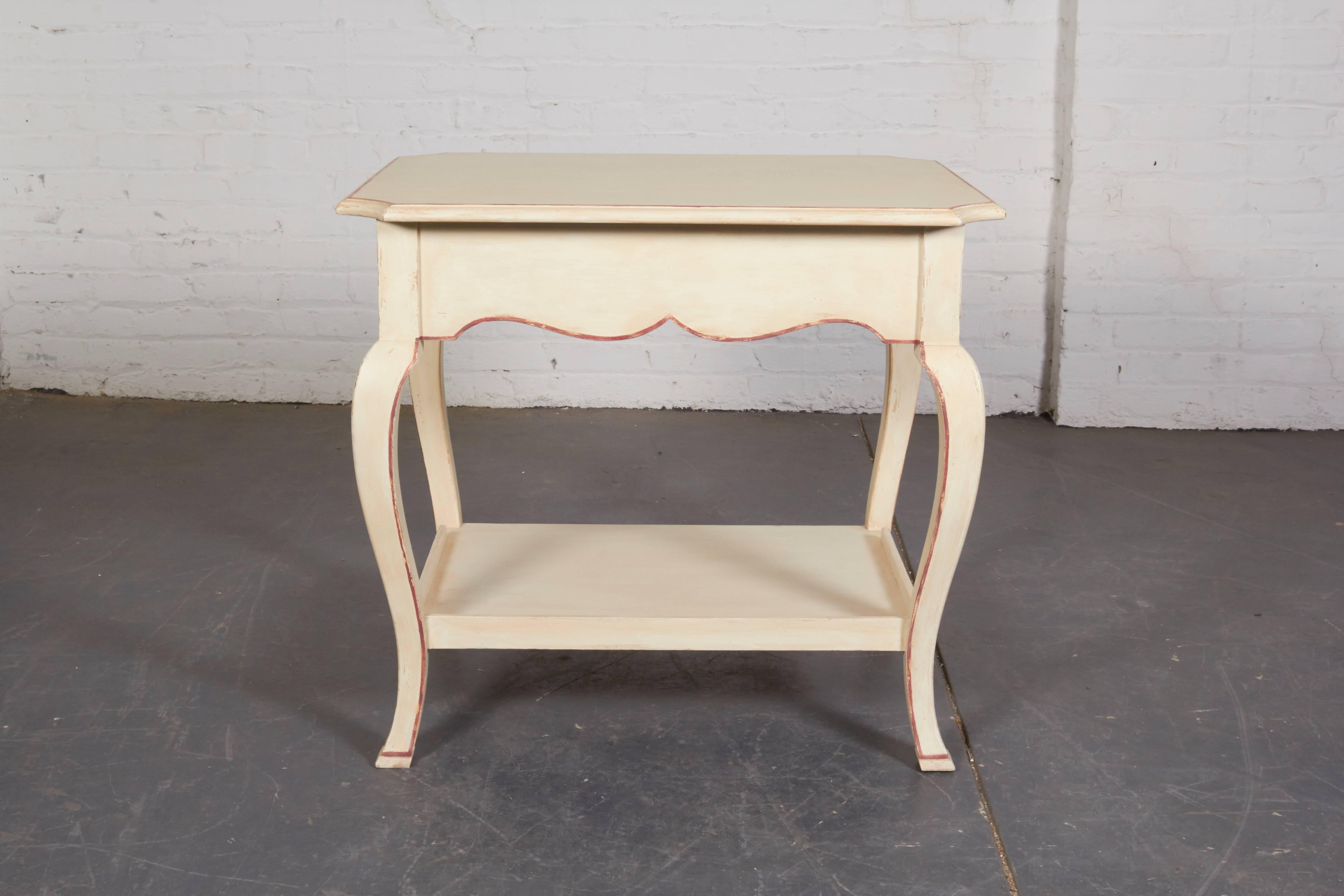 Pair of Louis XV Style Nightstands in Creamy White with Red Banding 1