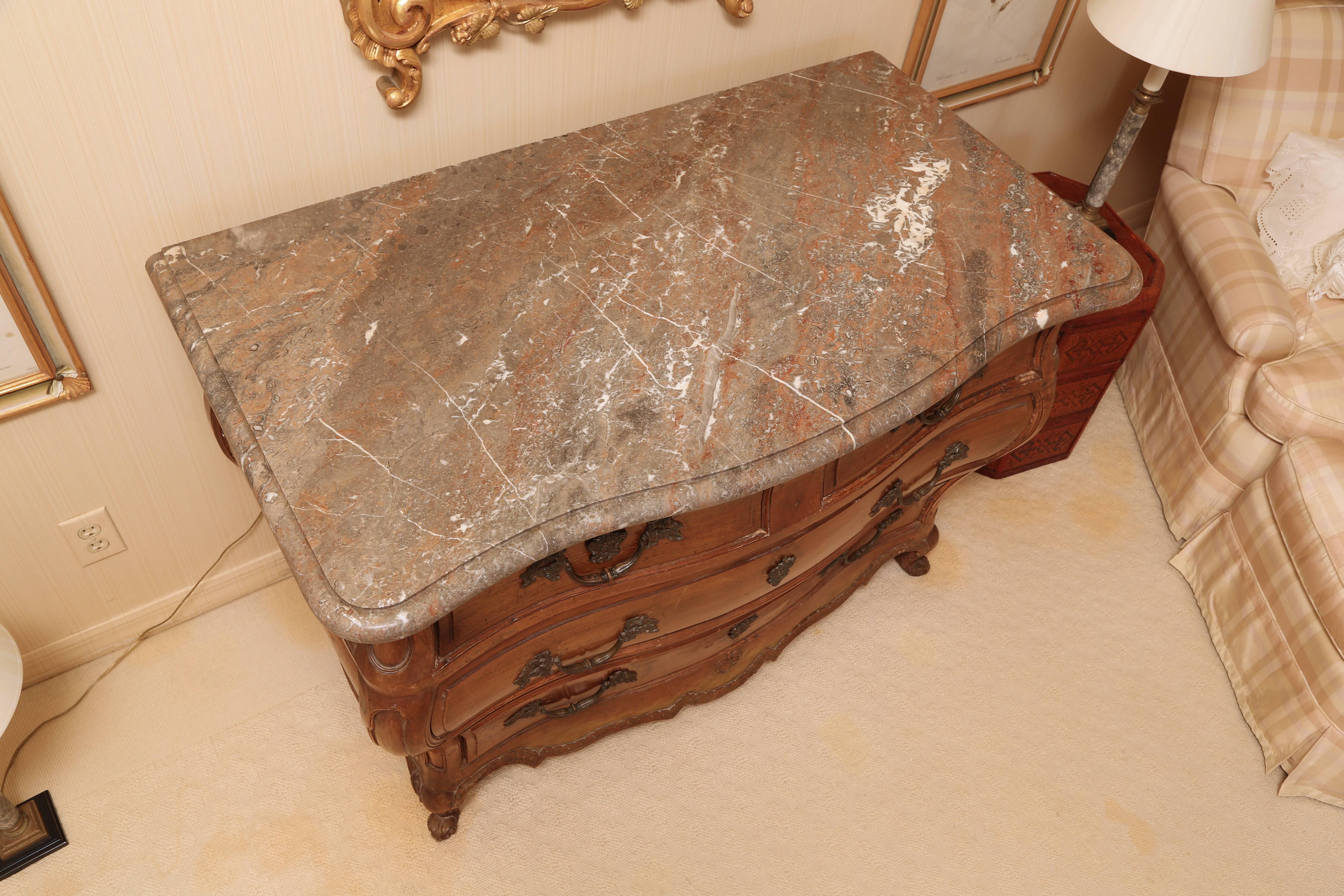 Rococo Louis XV Marble Top Walnut Bombé Commode For Sale