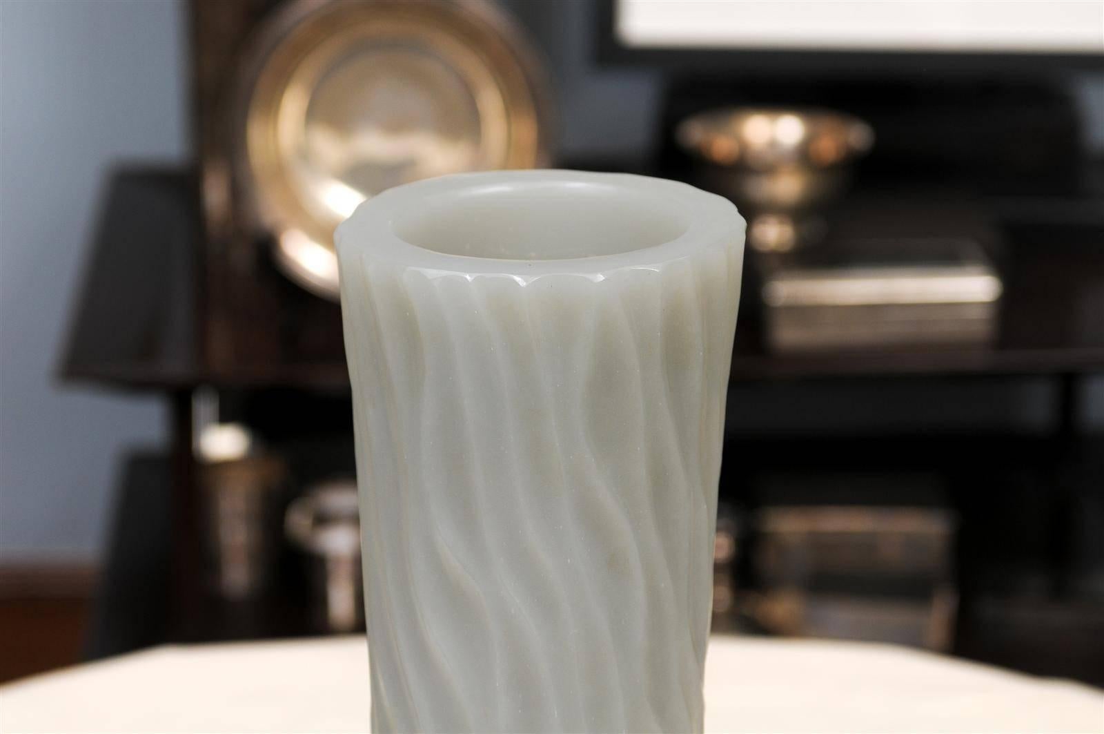 Contemporary Robert Kuo Grey Cylindrical Carved Wave Design Vase For Sale