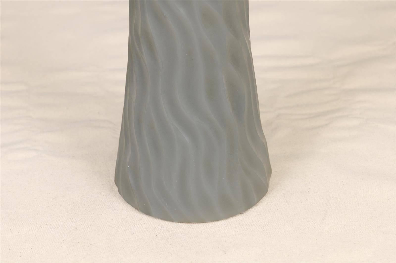 Glass Robert Kuo Grey Cylindrical Carved Wave Design Vase For Sale