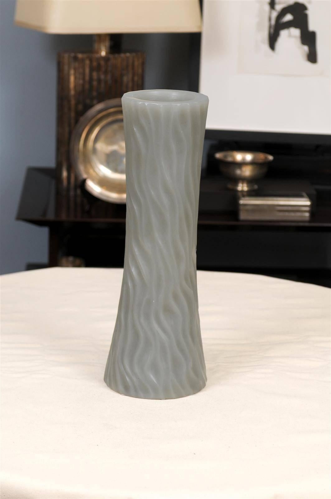 Robert Kuo Grey Cylindrical Carved Wave Design Vase For Sale 1
