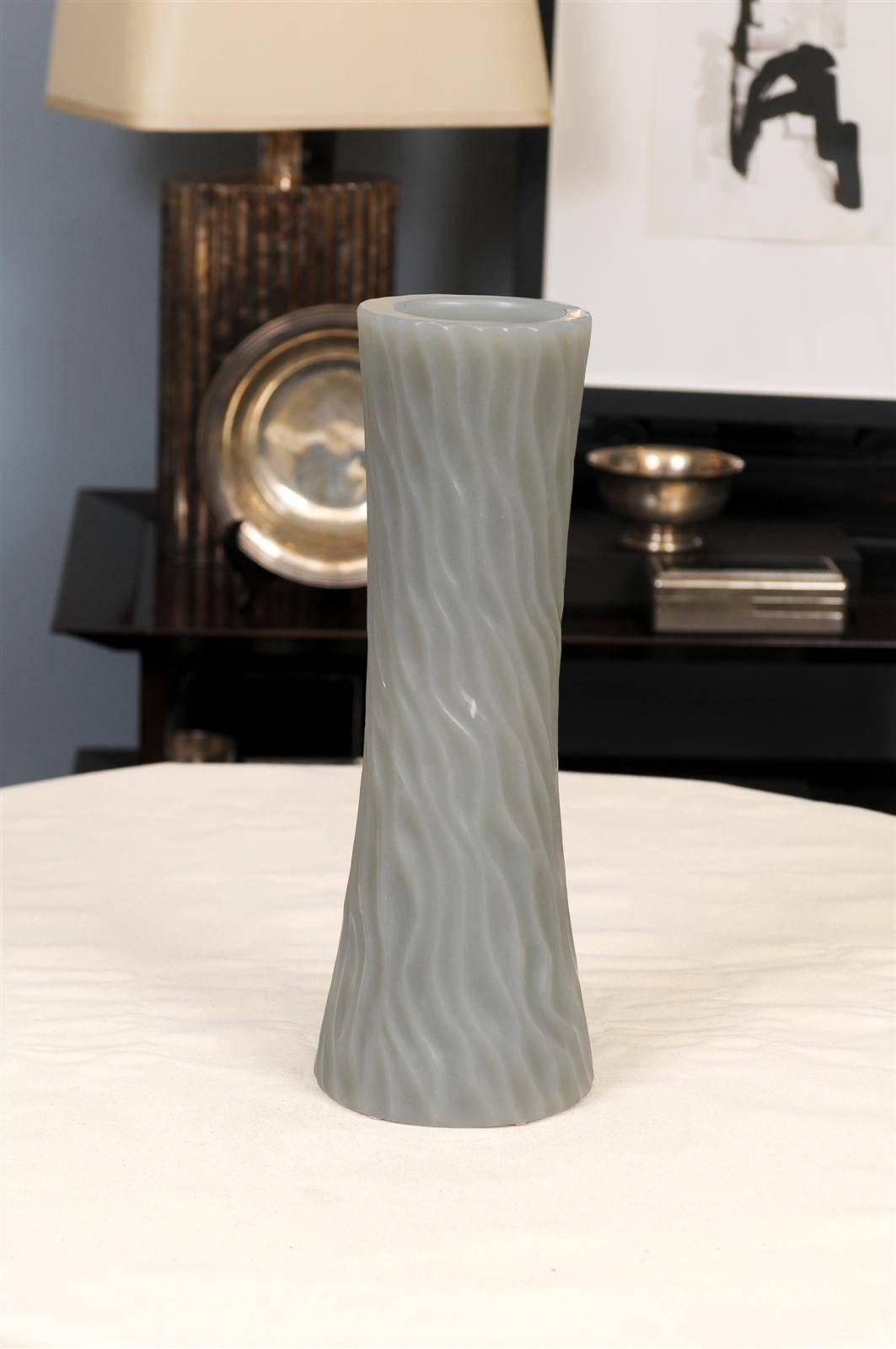 Robert Kuo Grey Cylindrical Carved Wave Design Vase For Sale 3