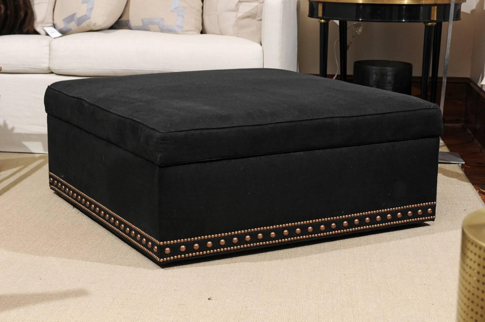 Contemporary Wesley Hall Black Linen Upholstered Storage Ottoman