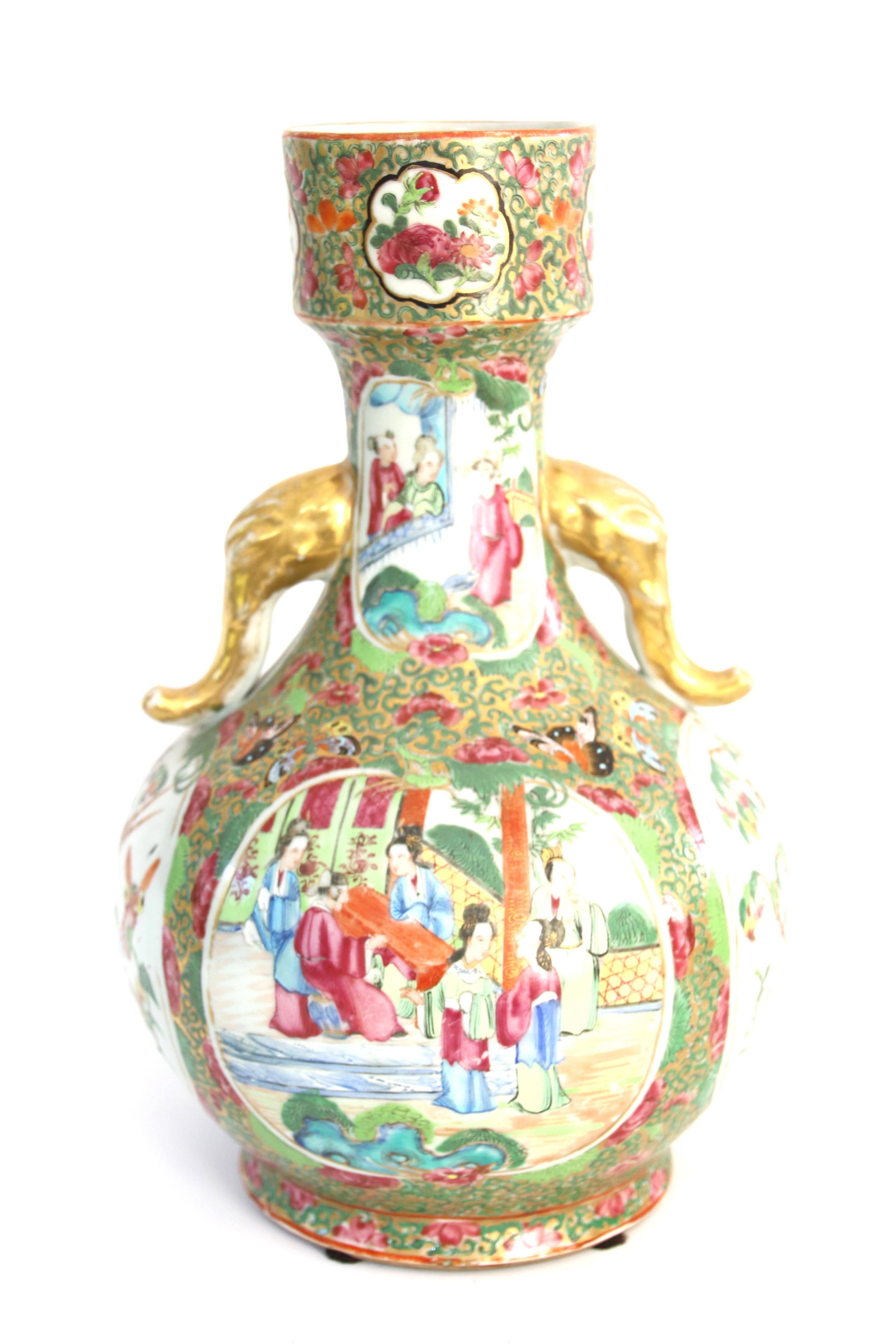 Pair of 19th Century Chinese Export Rose Mandarin Bottle Form Vases For Sale 2