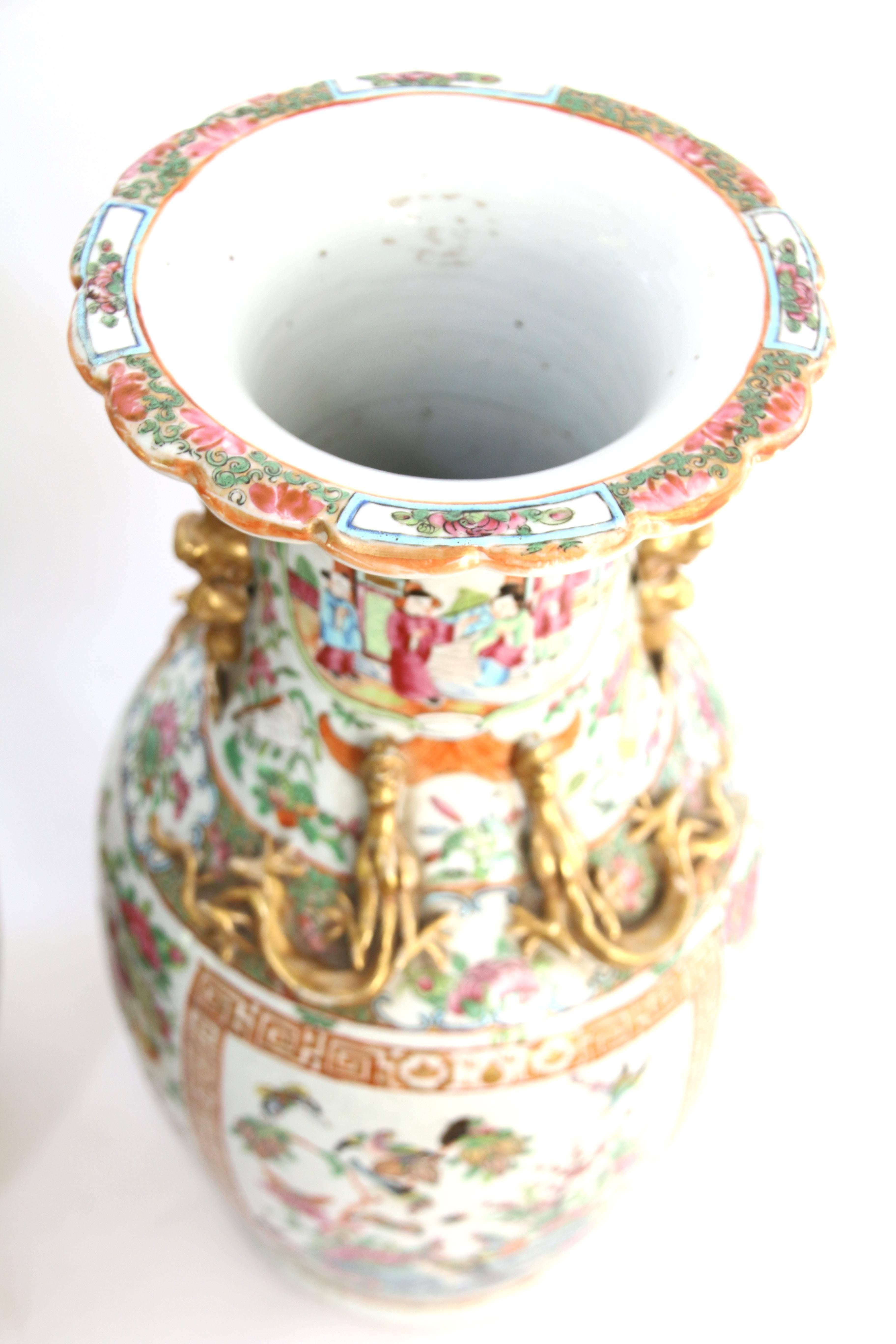 Porcelain Large Pair of 19th Century, Rose Mandarin Chinese Export Vases