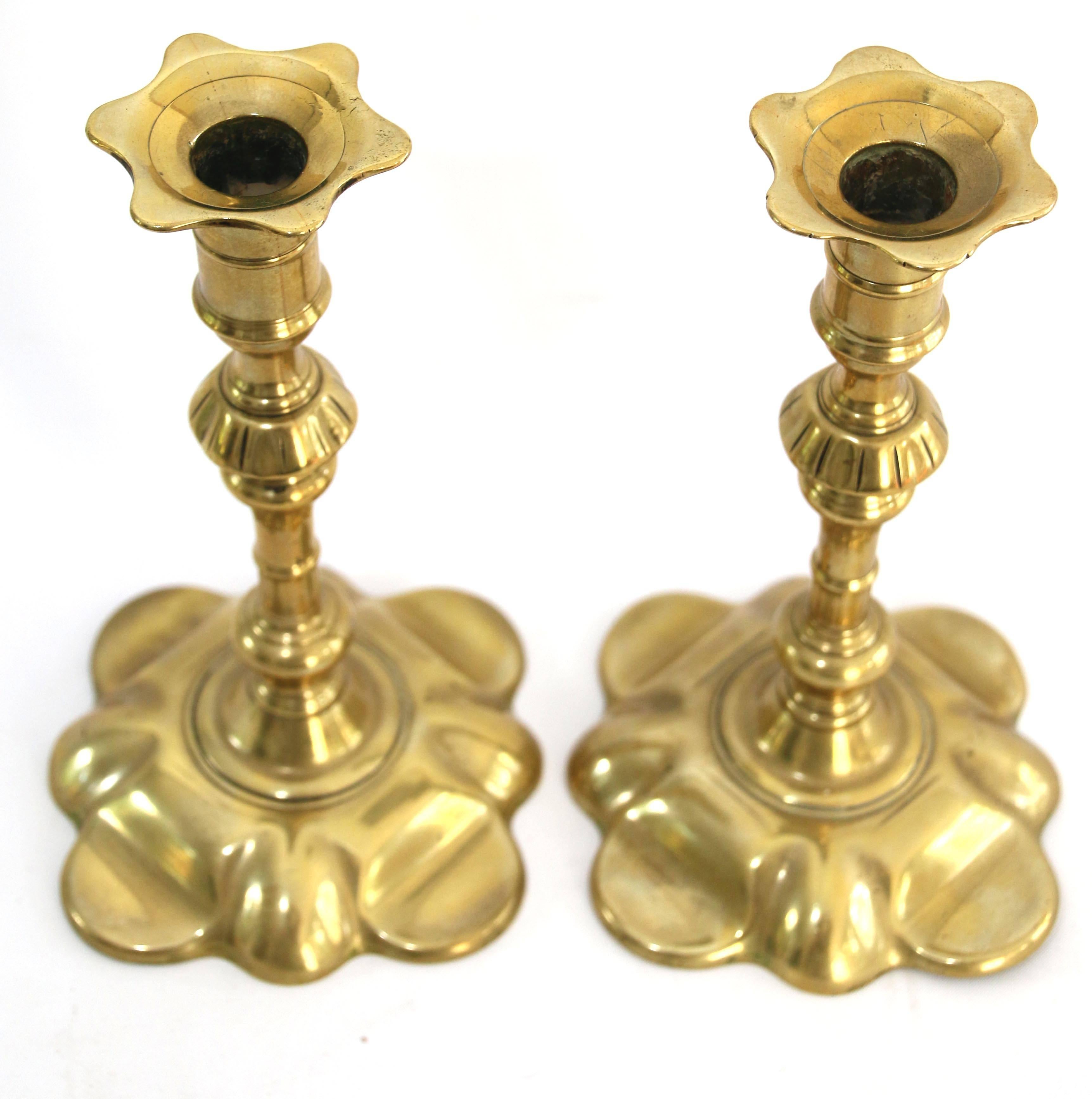 English Pair of Queen Anne Brass Candlesticks of Seamed Construction For Sale