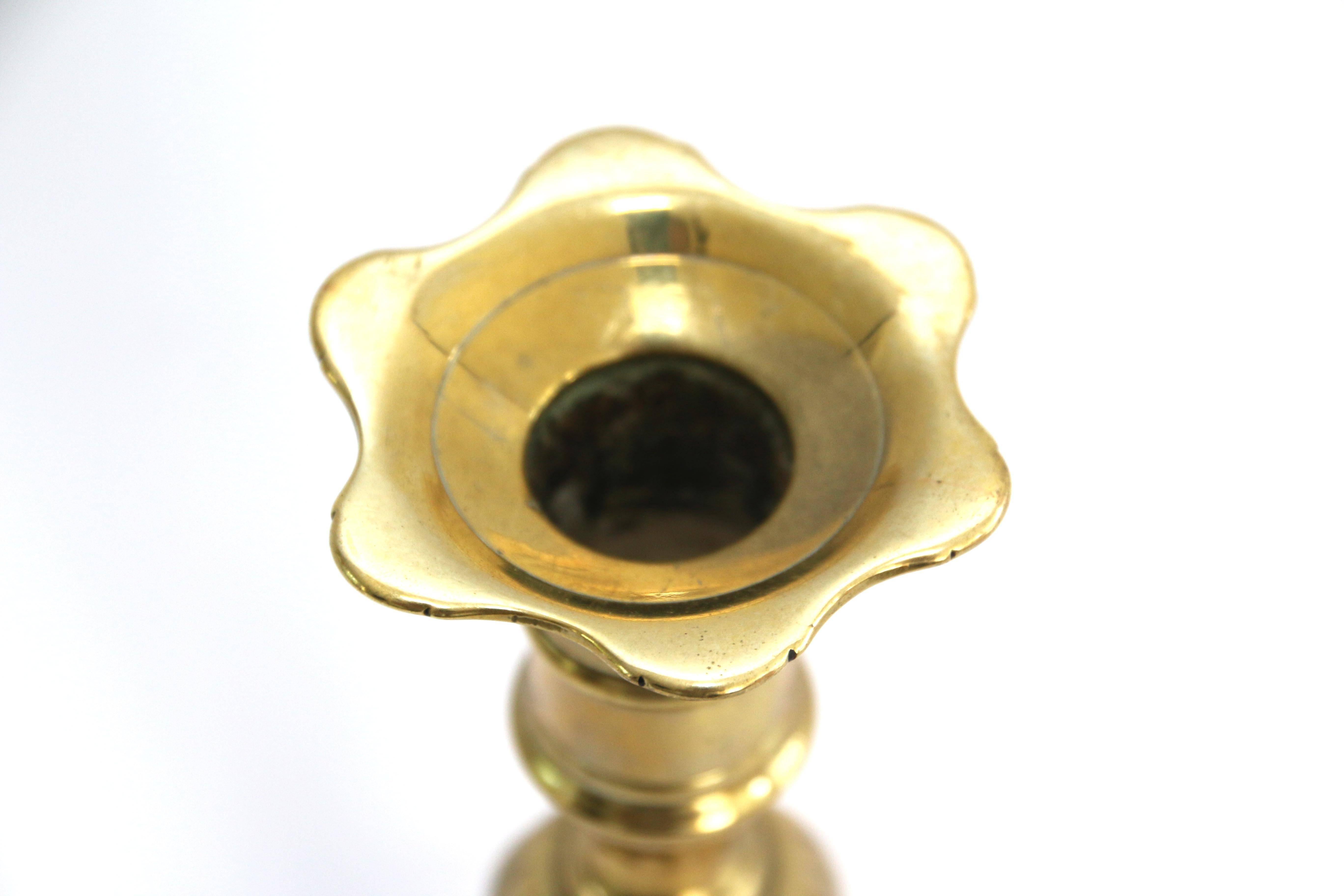Pair of Queen Anne Brass Candlesticks of Seamed Construction For Sale 2