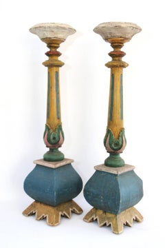 Pair of 19th Century American Polychrome Paint Decorated Candle Pillars
