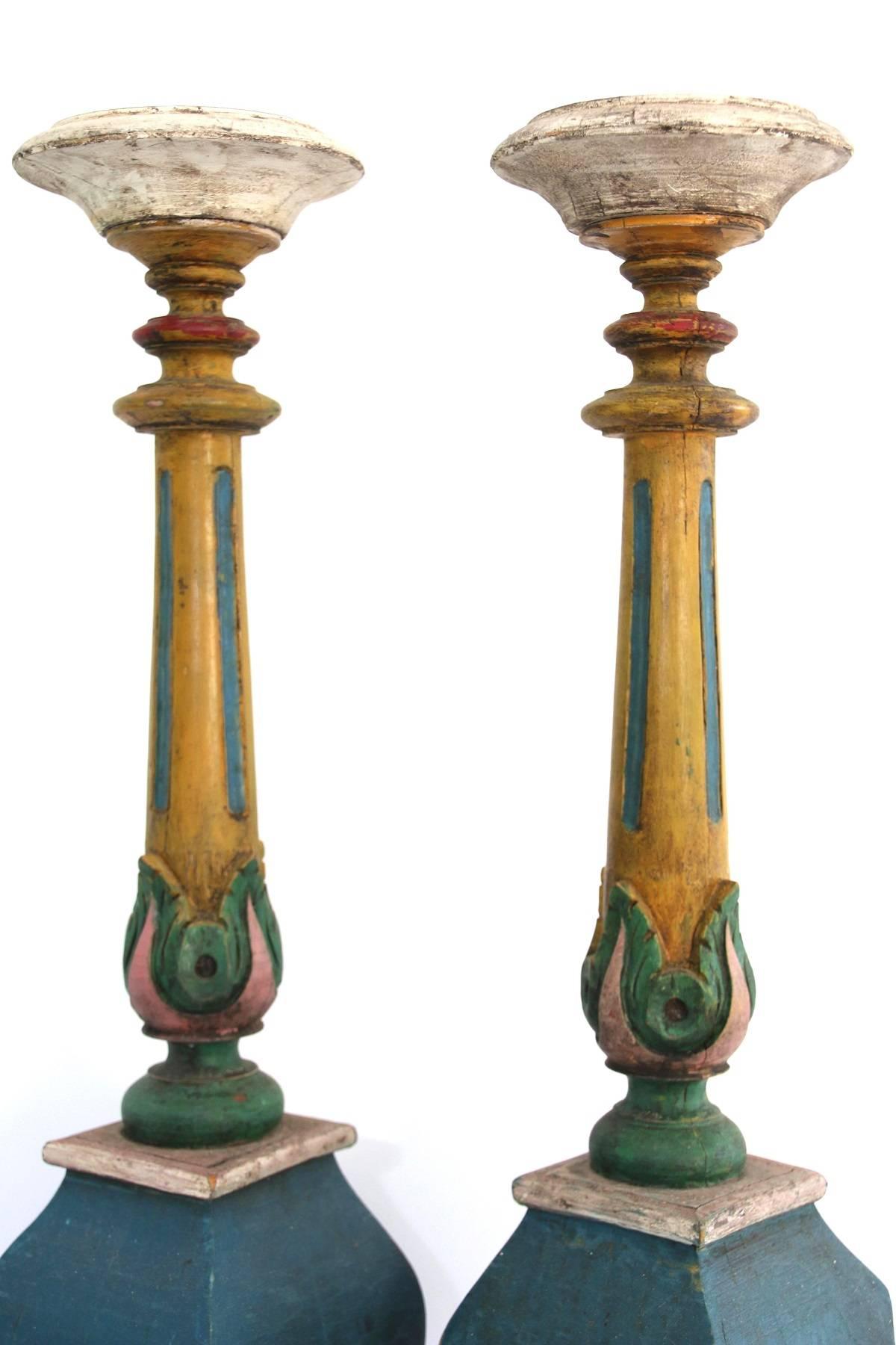 Mid-19th Century Pair of 19th Century American Polychrome Paint Decorated Candle Pillars For Sale