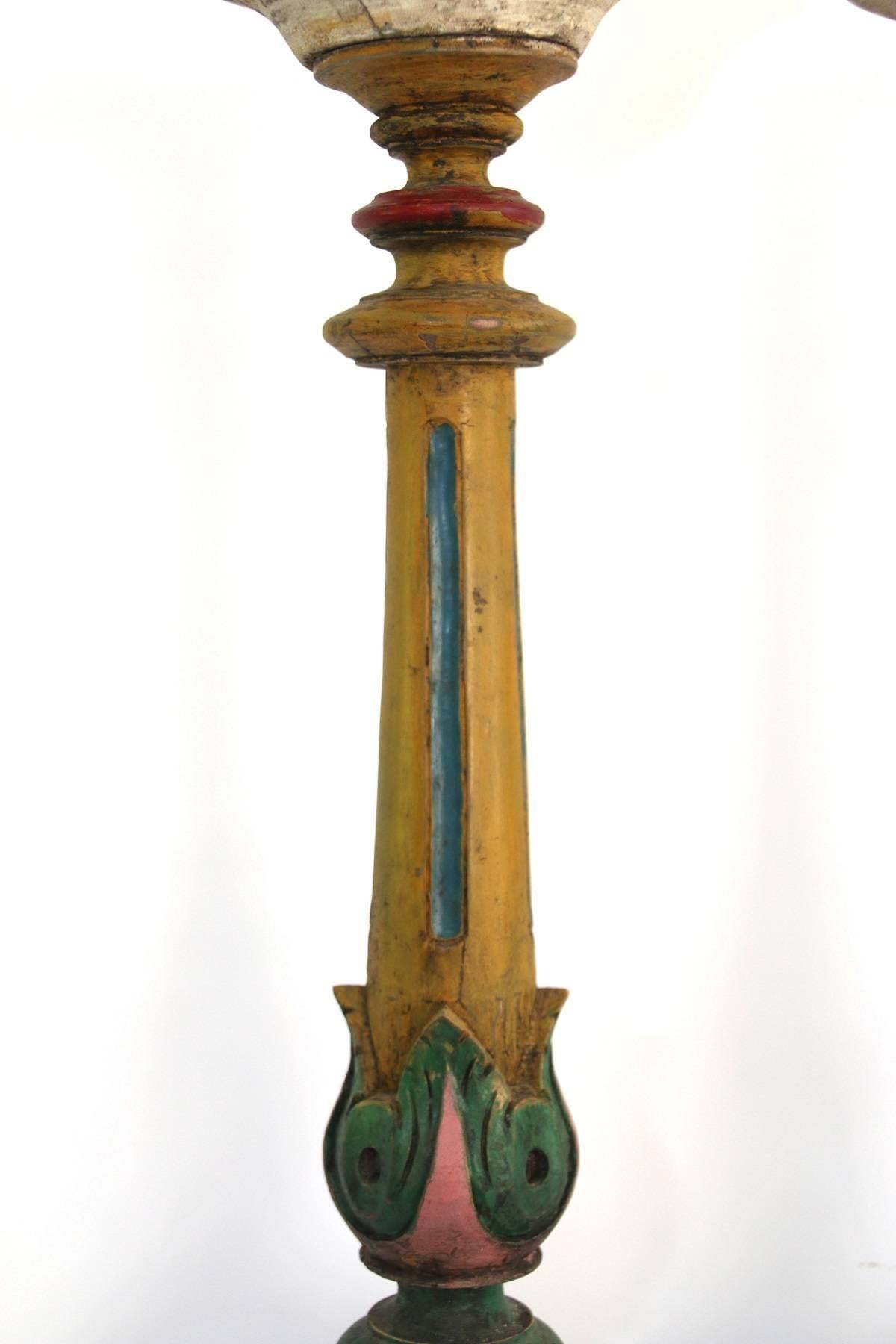 Pair of 19th Century American Polychrome Paint Decorated Candle Pillars For Sale 3