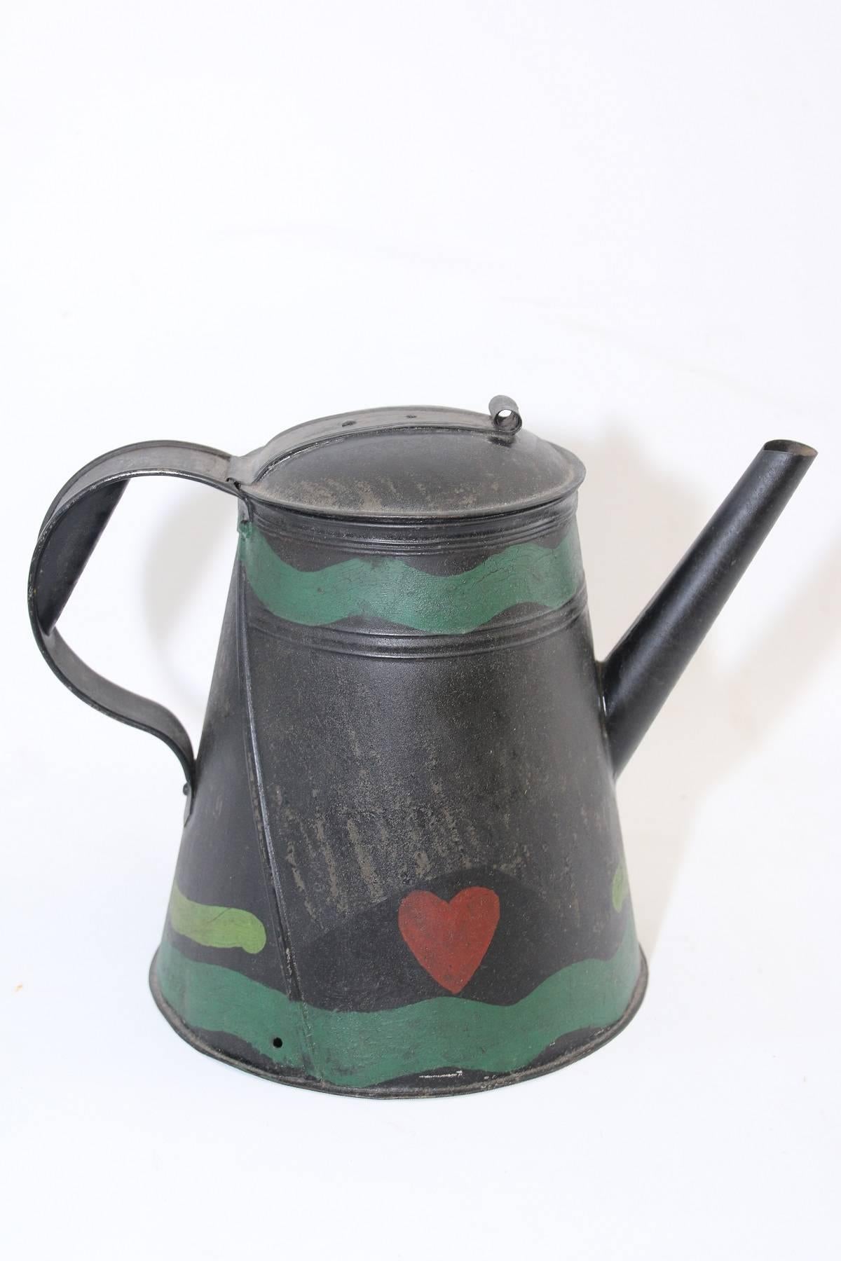 Early 19th Century 19th Century Painted Tinware Coffee Pot Stamped J. Ketterer For Sale