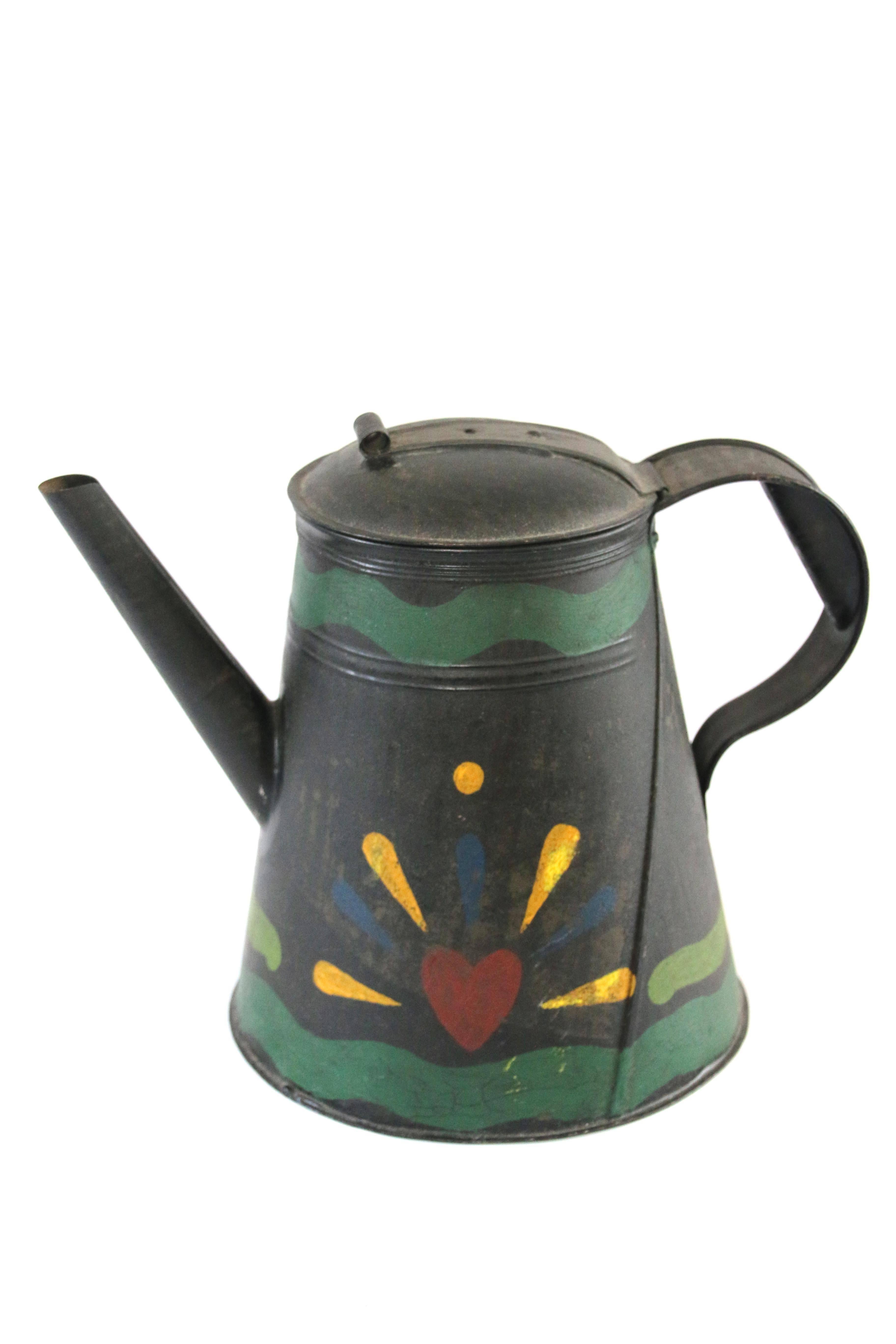 American 19th Century Painted Tinware Coffee Pot Stamped J. Ketterer For Sale