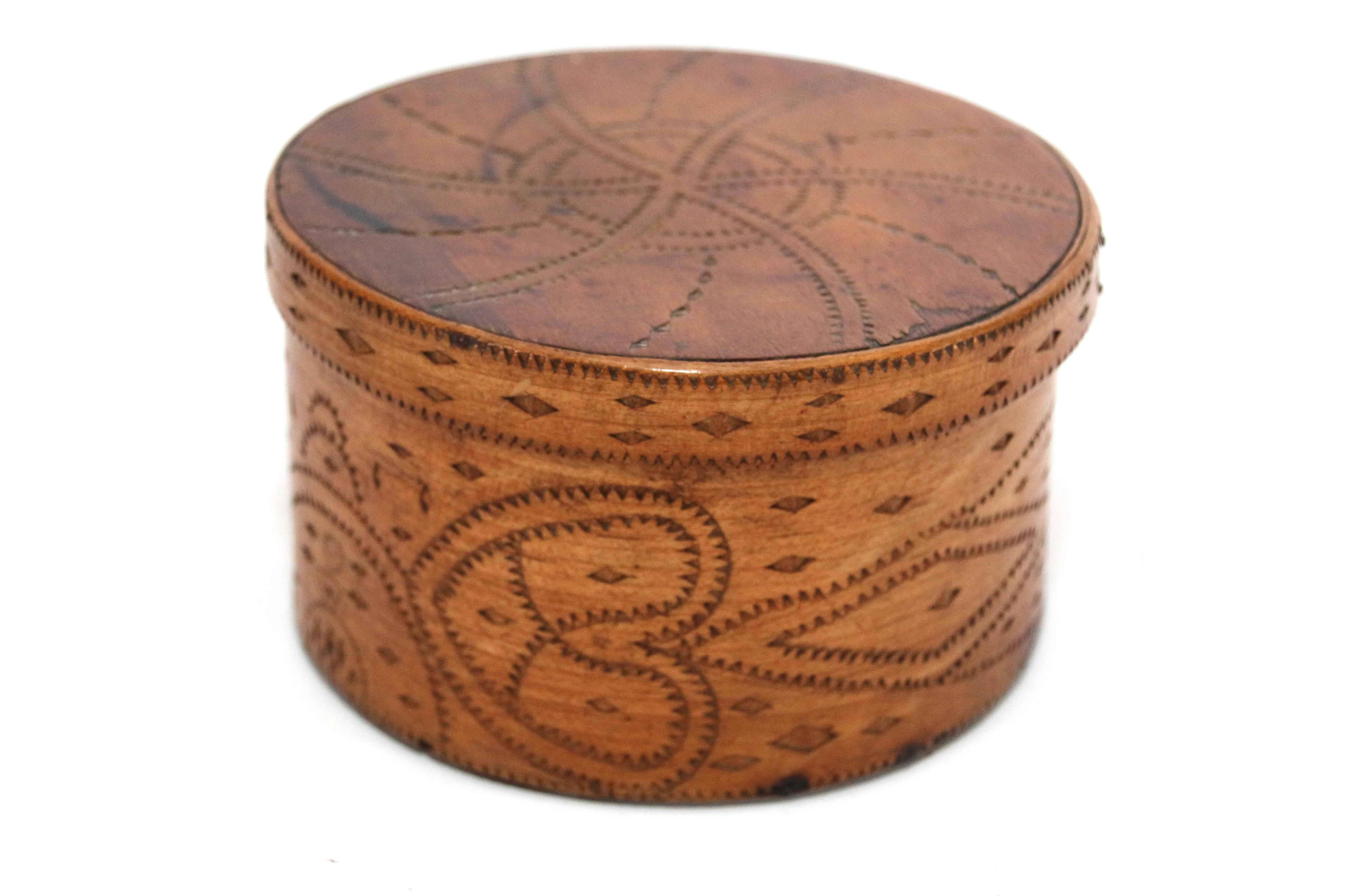Early 19th century Folk Art bentwood box with diamond incised designs of hearts, diamonds and a pinwheel cover, initialled 