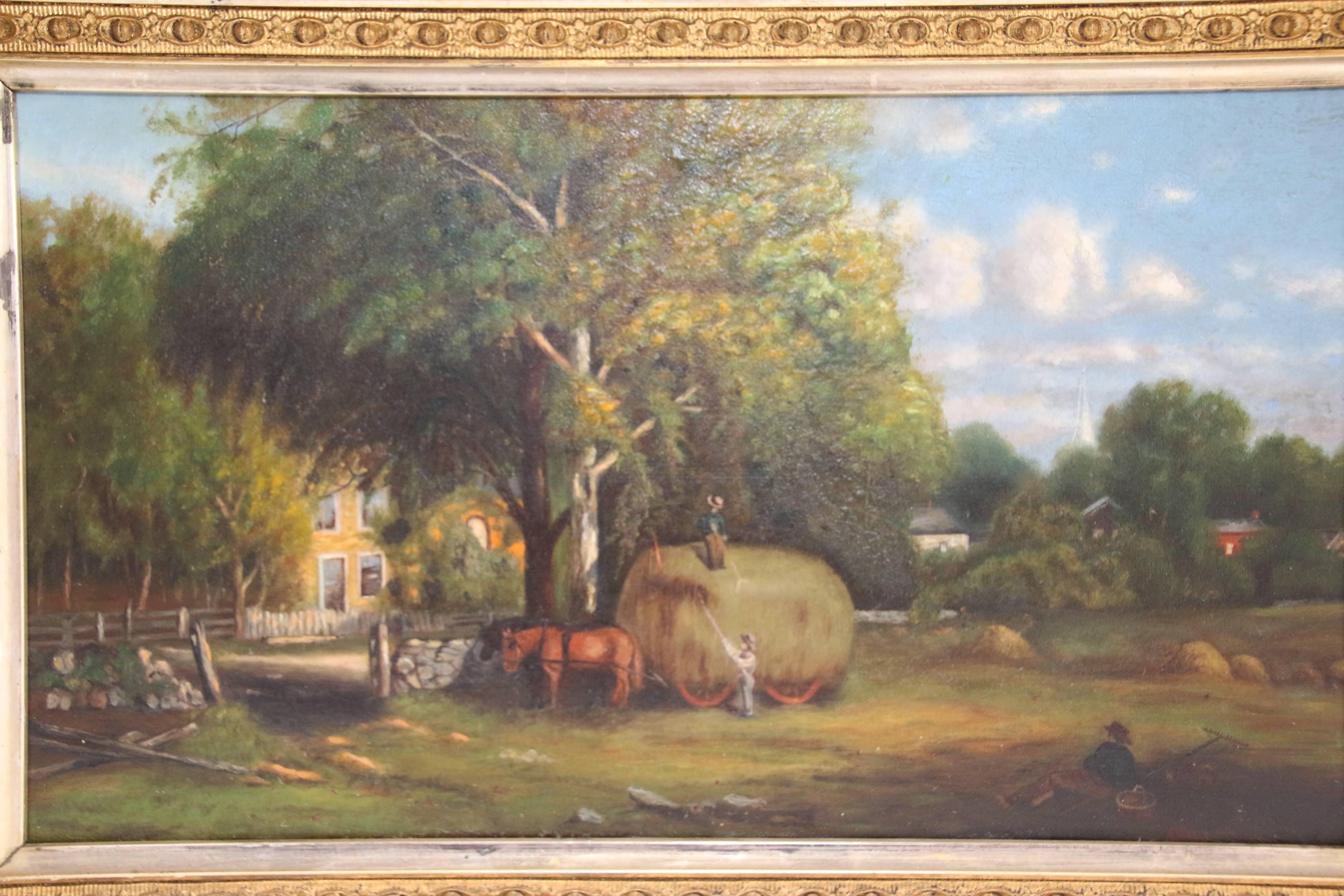 Late 19th century oil on canvas painting with bucolic farmstead and its environs near Stockbridge, Massachusetts. Labelled on verso: “Farm Scene-Near Stockbridge, Mass- 1875. Written on stretcher: “by Charles Drake”. 
 
 
Dimensions (with frame):
