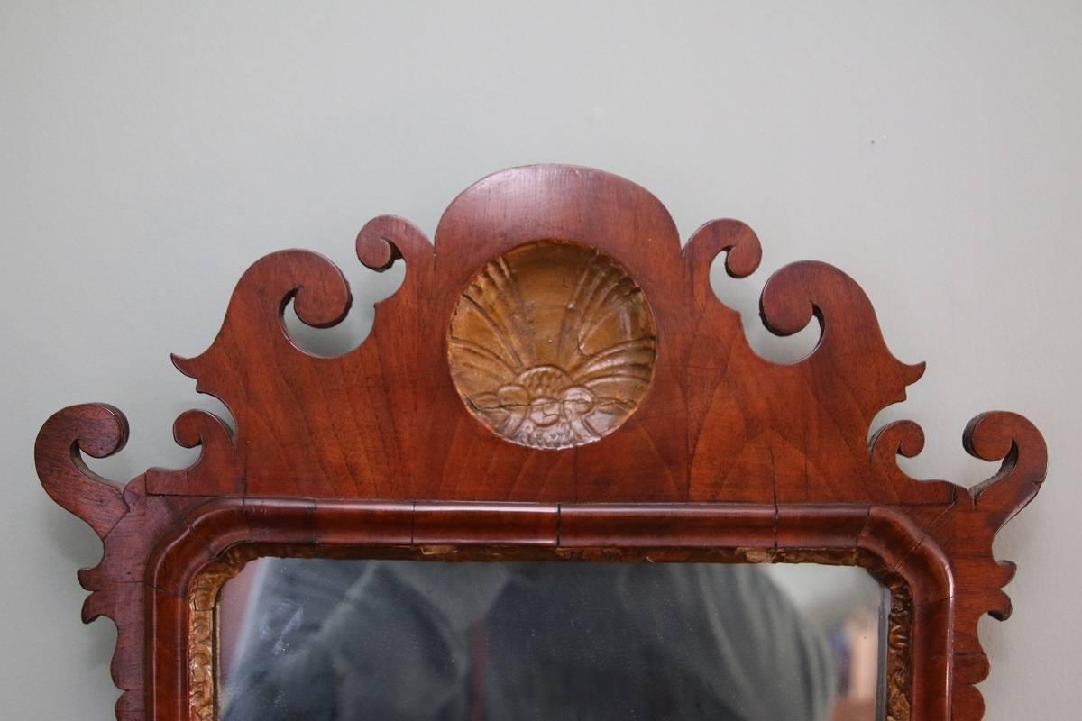 Late 18th Century Queen Anne Mahogany Mirror with Scalloped Crest For Sale